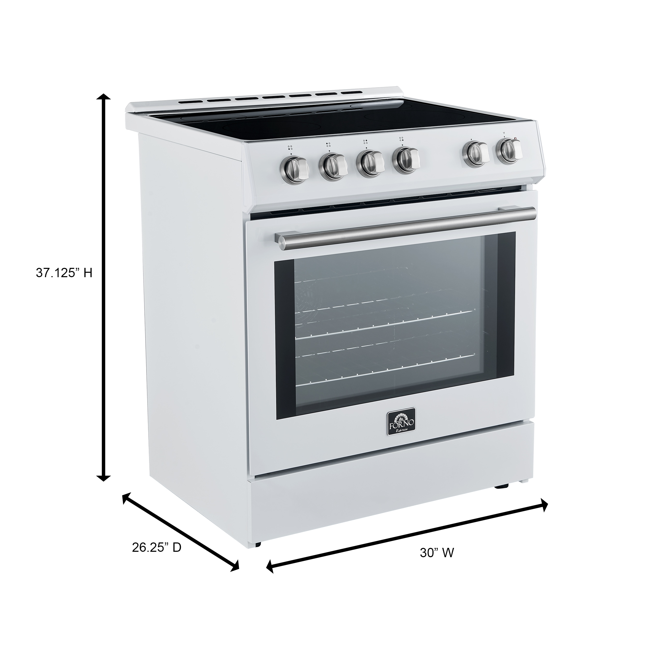 Estufa eléctrica deslizable con horno de convección de 5 pies cúbicos y 4 quemadores en la parte superior de cristal de 30 pulgadas de color blanco.