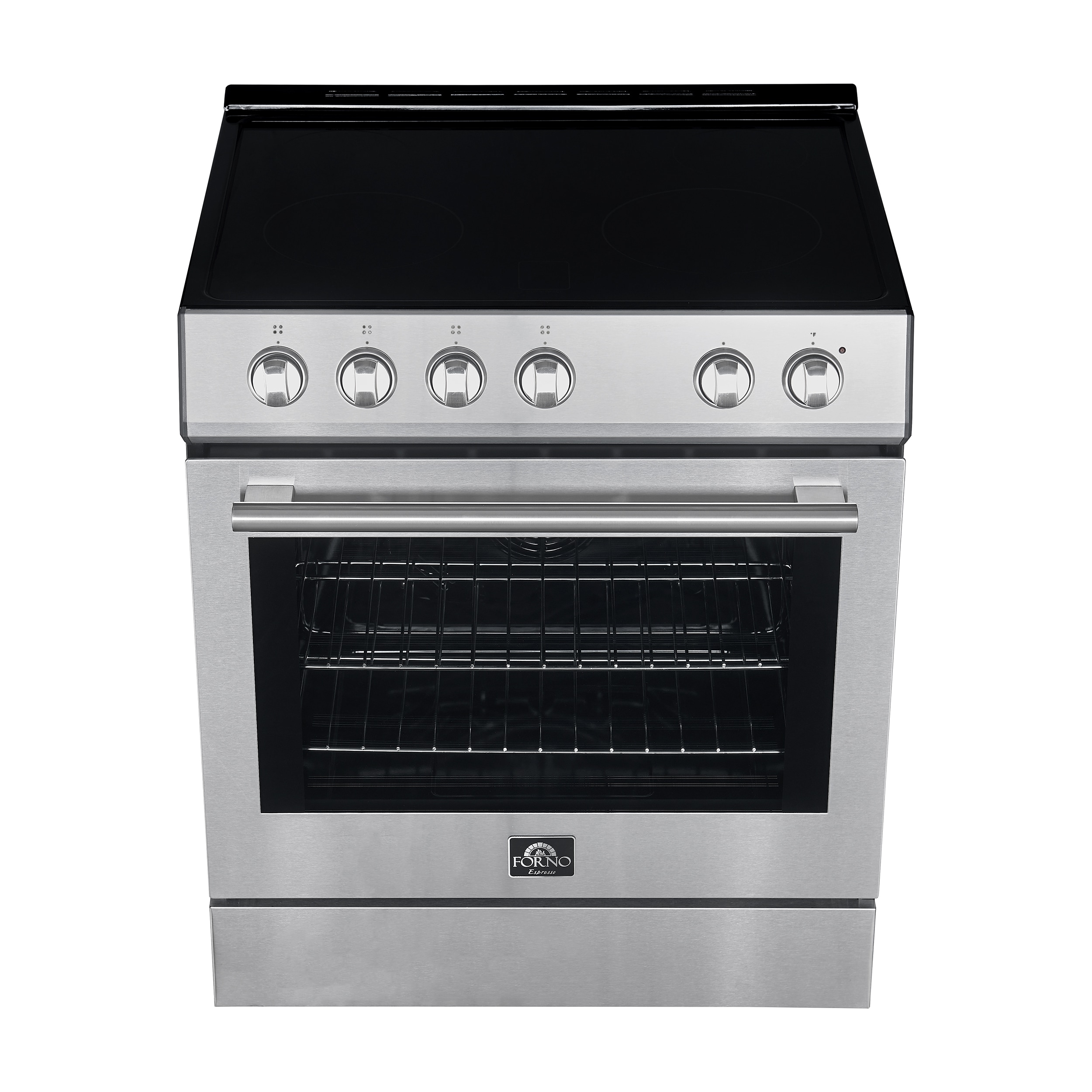 Estufa eléctrica deslizable con horno de convección de 5 pies cúbicos, 4 quemadores y tapa de vidrio de 30 pulgadas FORNO Leonardo Espresso de acero inoxidable.