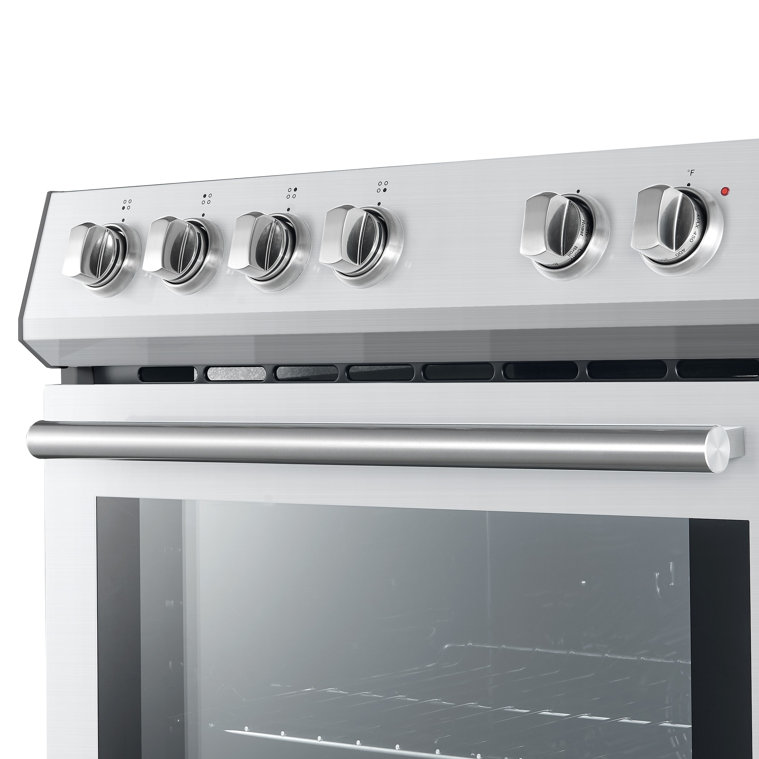 Estufa eléctrica deslizable con horno de convección de 5 pies cúbicos, 4 quemadores y tapa de vidrio de 30 pulgadas FORNO Leonardo Espresso de acero inoxidable.