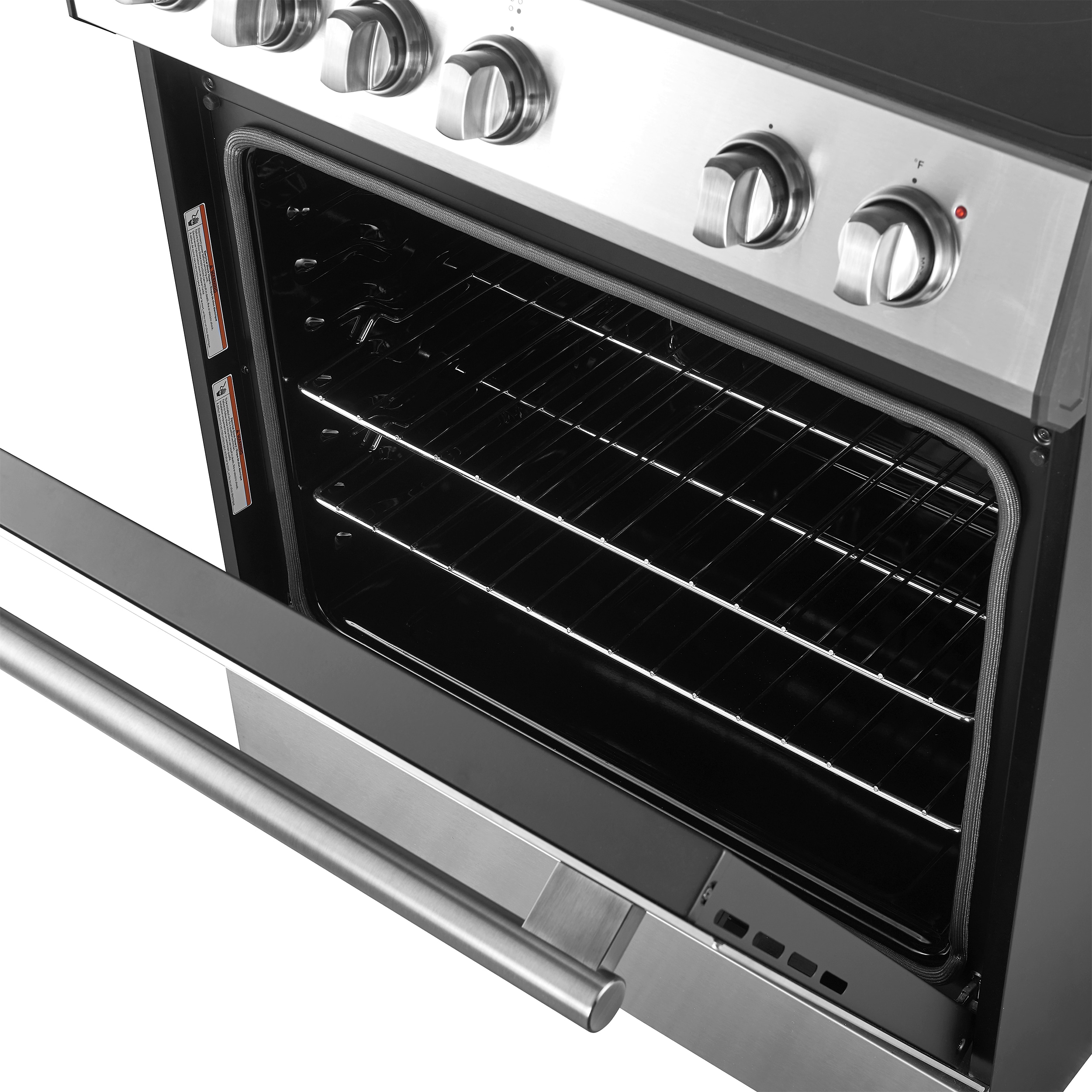 Estufa eléctrica deslizable con horno de convección de 5 pies cúbicos, 4 quemadores y tapa de vidrio de 30 pulgadas FORNO Leonardo Espresso de acero inoxidable.