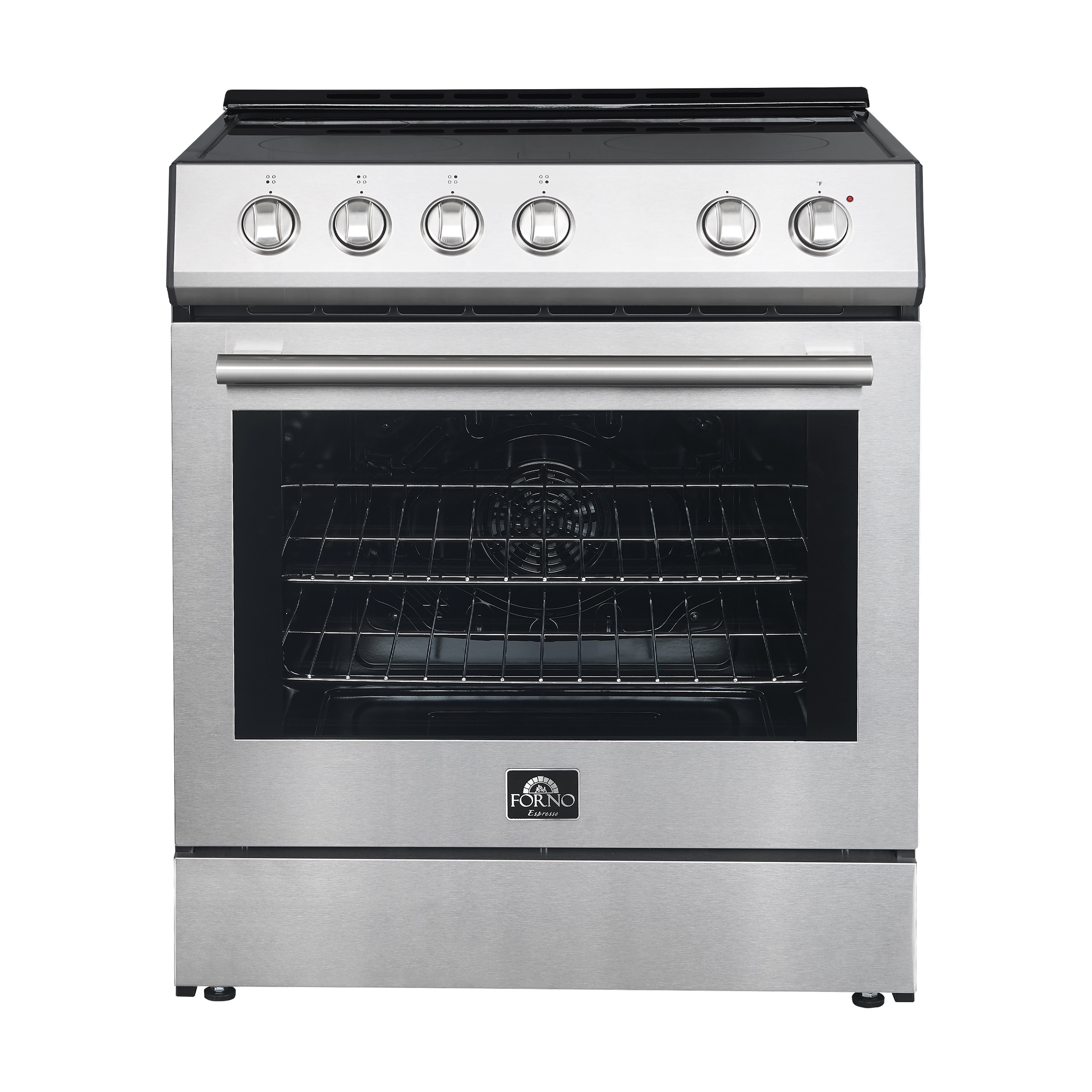 Estufa eléctrica deslizable con horno de convección de 5 pies cúbicos, 4 quemadores y tapa de vidrio de 30 pulgadas FORNO Leonardo Espresso de acero inoxidable.