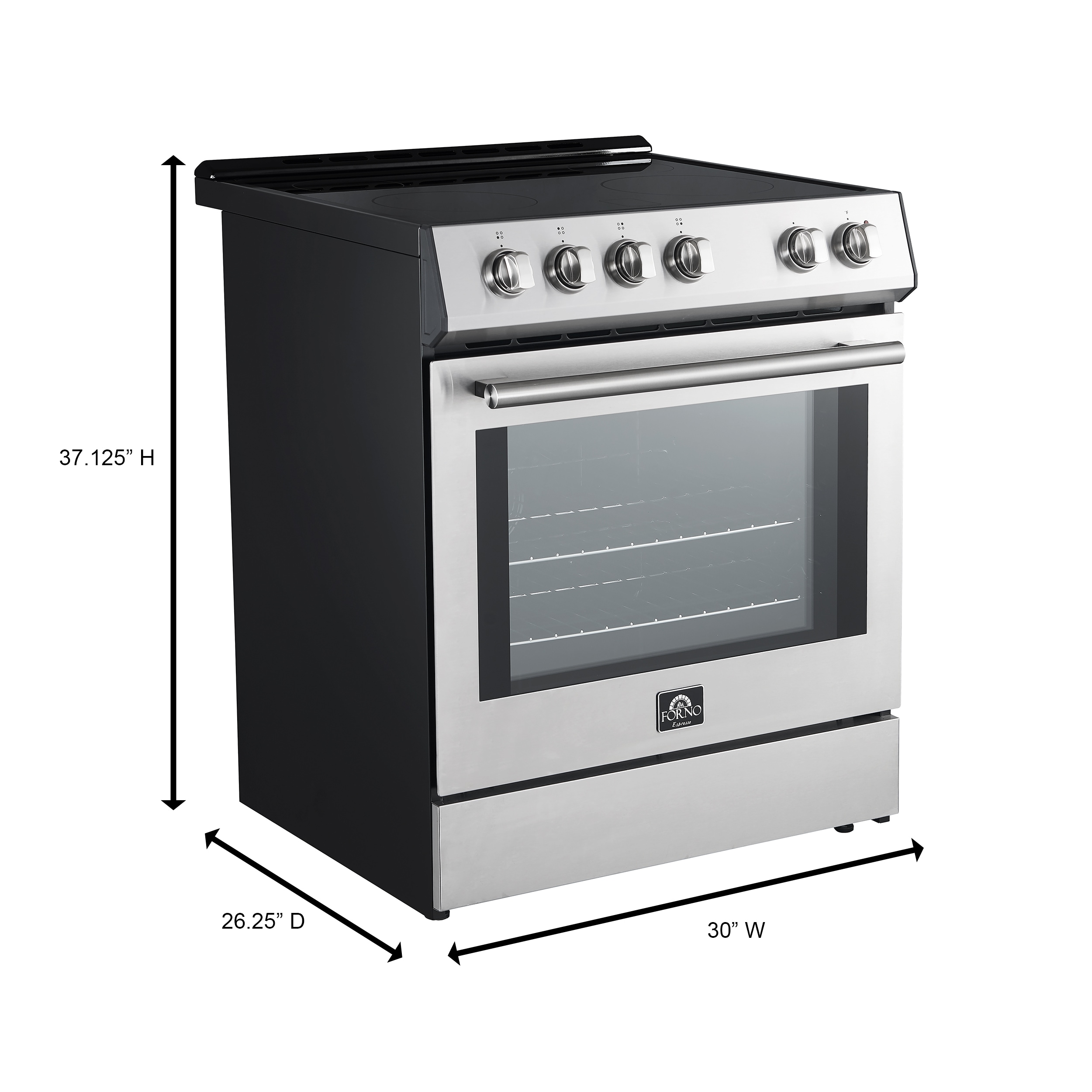 Estufa eléctrica deslizable con horno de convección de 5 pies cúbicos, 4 quemadores y tapa de vidrio de 30 pulgadas FORNO Leonardo Espresso de acero inoxidable.