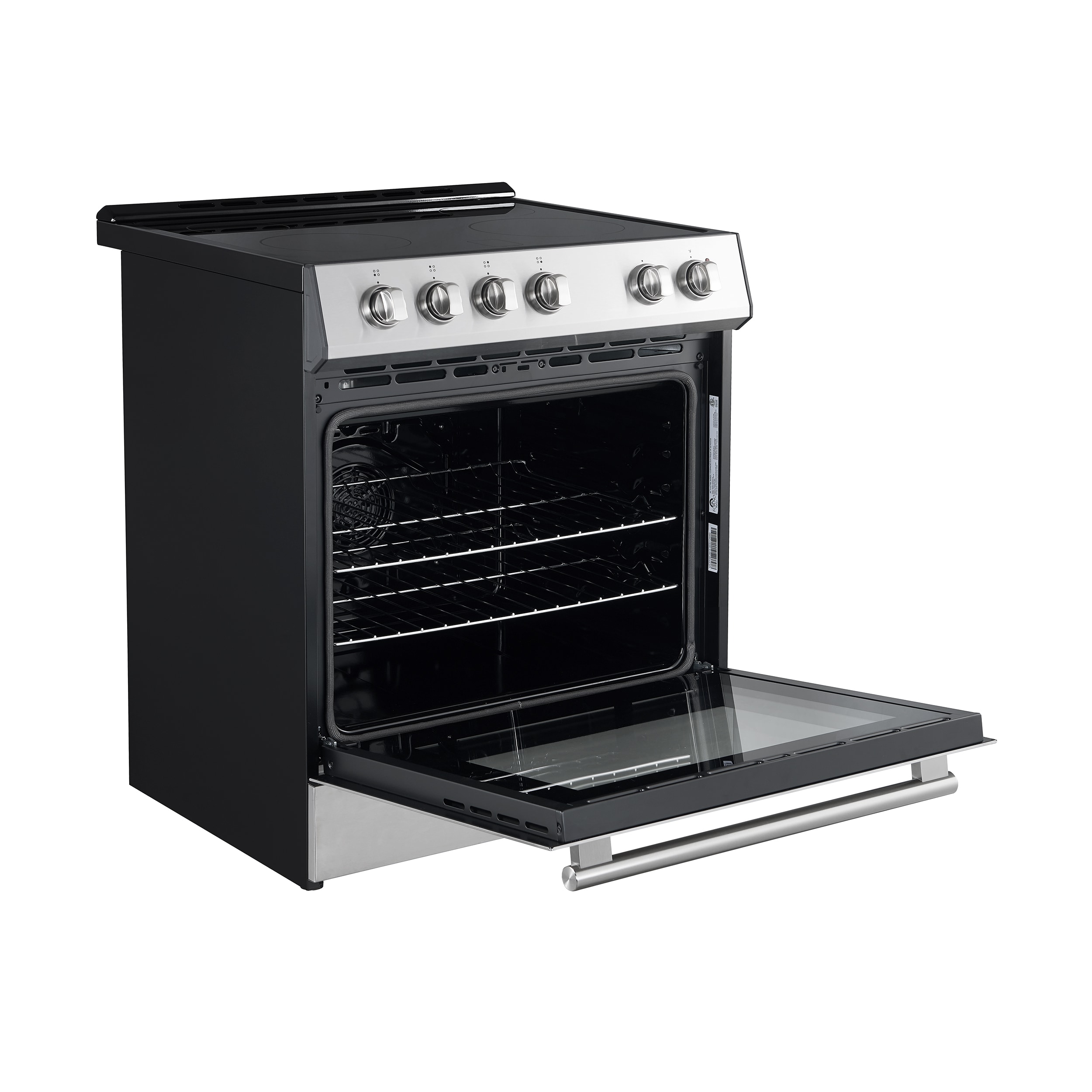 Estufa eléctrica deslizable con horno de convección de 5 pies cúbicos, 4 quemadores y tapa de vidrio de 30 pulgadas FORNO Leonardo Espresso de acero inoxidable.