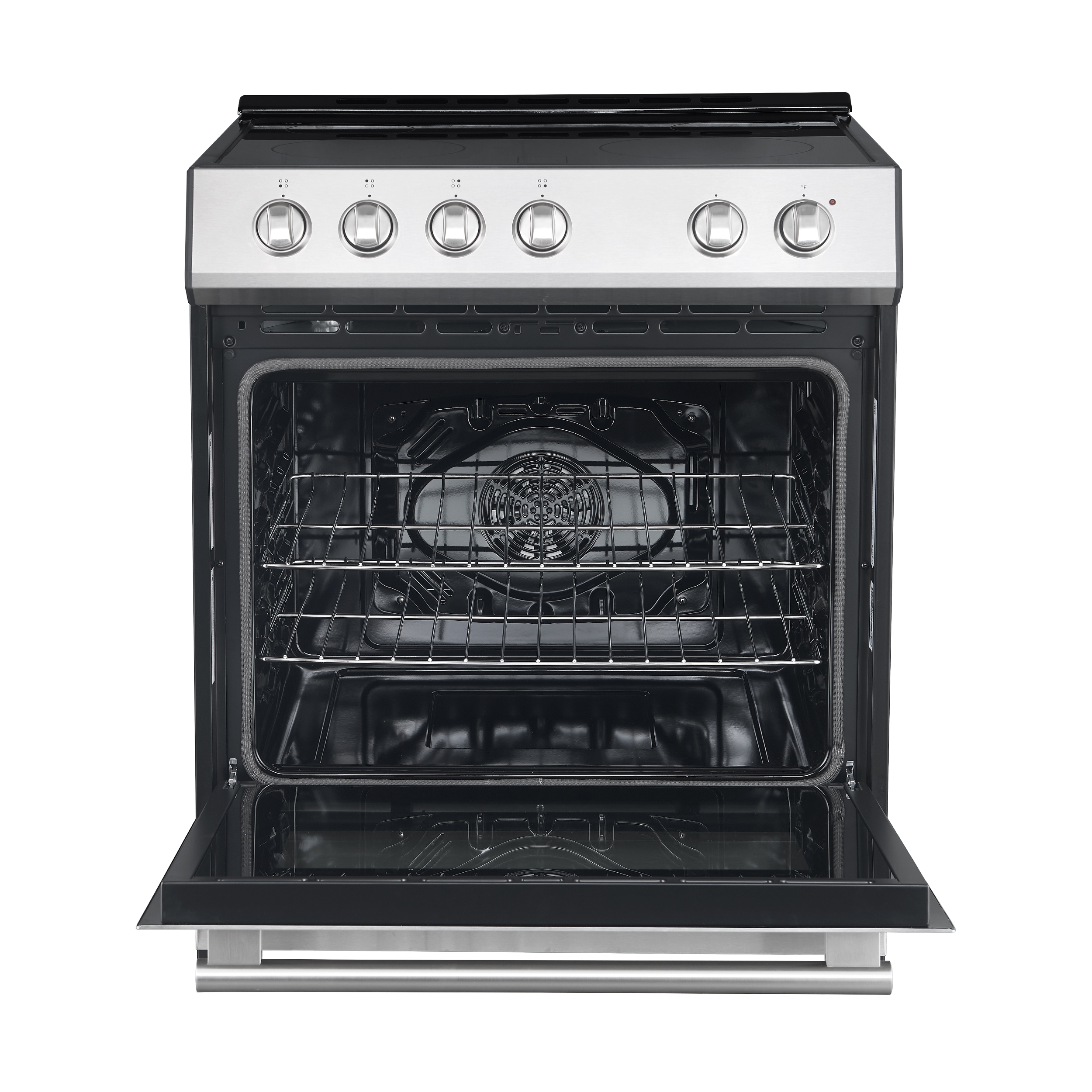 Estufa eléctrica deslizable con horno de convección de 5 pies cúbicos, 4 quemadores y tapa de vidrio de 30 pulgadas FORNO Leonardo Espresso de acero inoxidable.