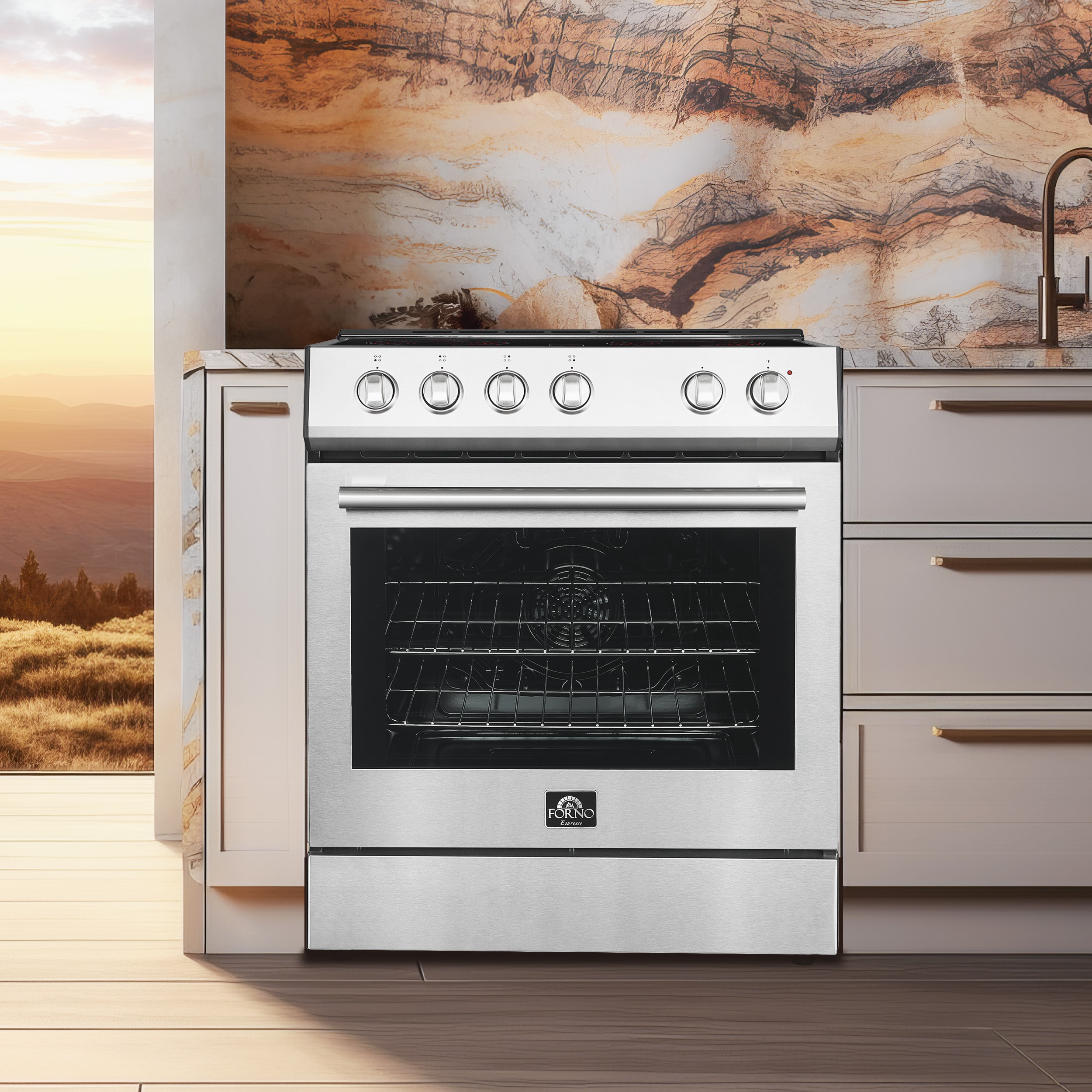Estufa eléctrica deslizable con horno de convección de 5 pies cúbicos, 4 quemadores y tapa de vidrio de 30 pulgadas FORNO Leonardo Espresso de acero inoxidable.