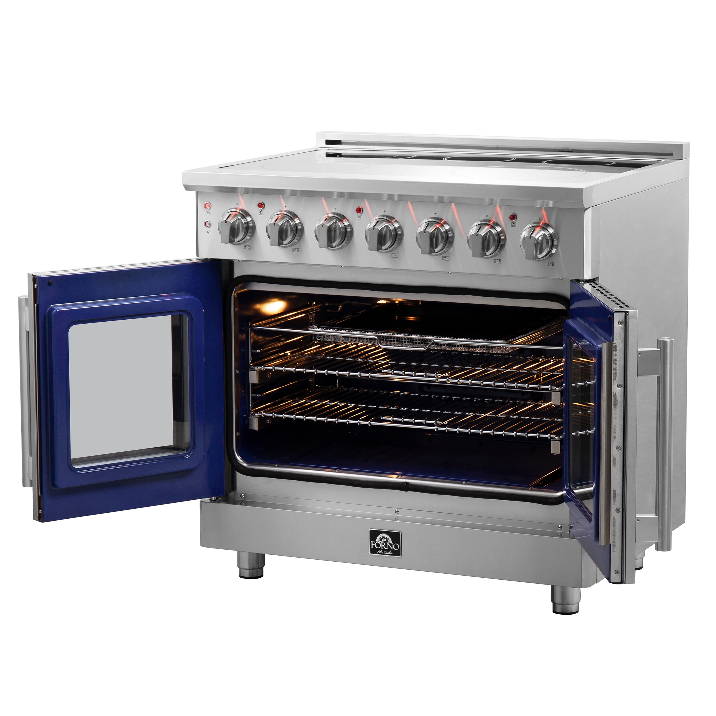 Estufa eléctrica independiente FORNO Massimo de 36 pulgadas con 5 quemadores y horno de convección de freidora de aire de 5.36 pies cúbicos en acero inoxidable. FFSEL6955-36