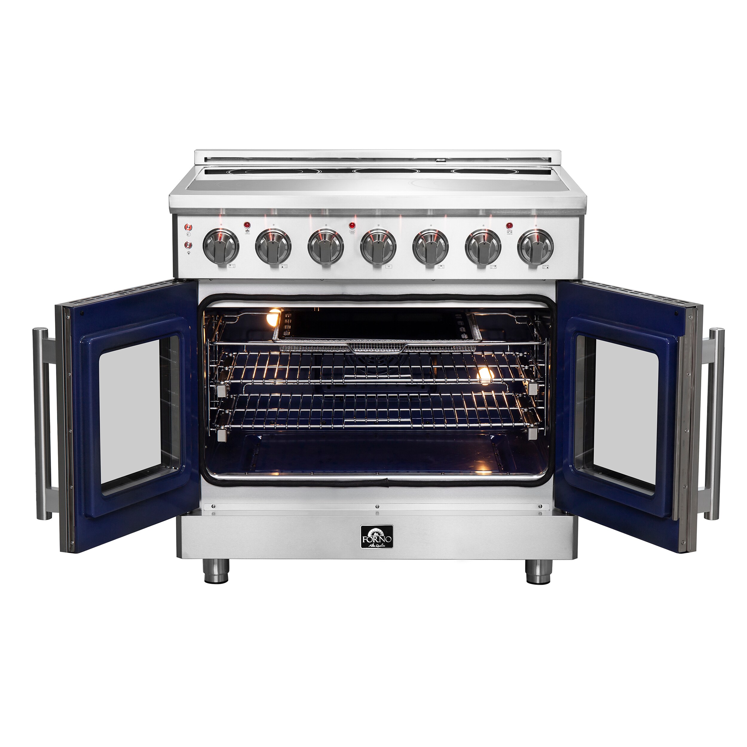 Estufa eléctrica independiente FORNO Massimo de 36 pulgadas con 5 quemadores y horno de convección de freidora de aire de 5.36 pies cúbicos en acero inoxidable. FFSEL6955-36