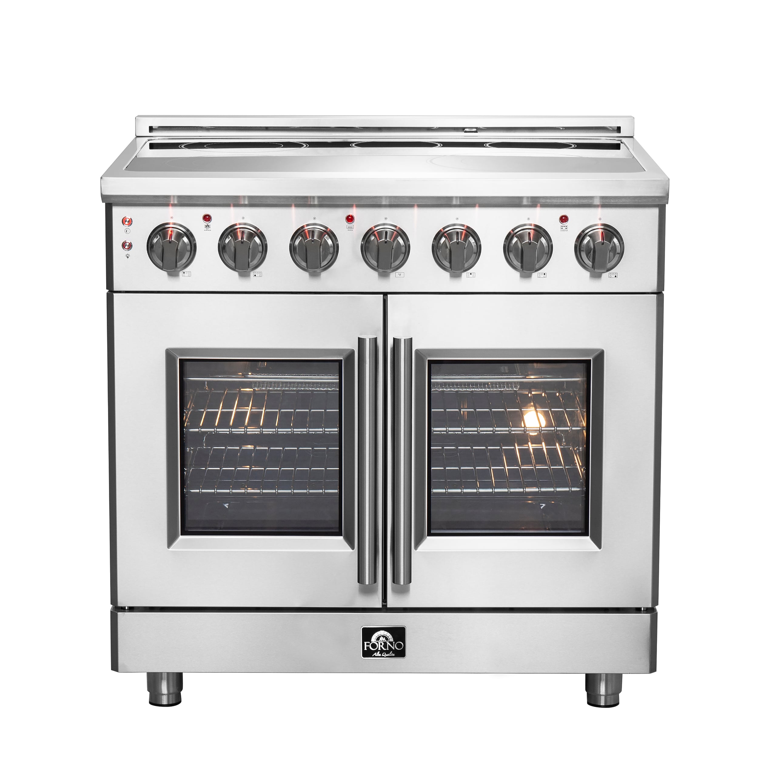 Estufa eléctrica independiente FORNO Massimo de 36 pulgadas con 5 quemadores y horno de convección de freidora de aire de 5.36 pies cúbicos en acero inoxidable. FFSEL6955-36
