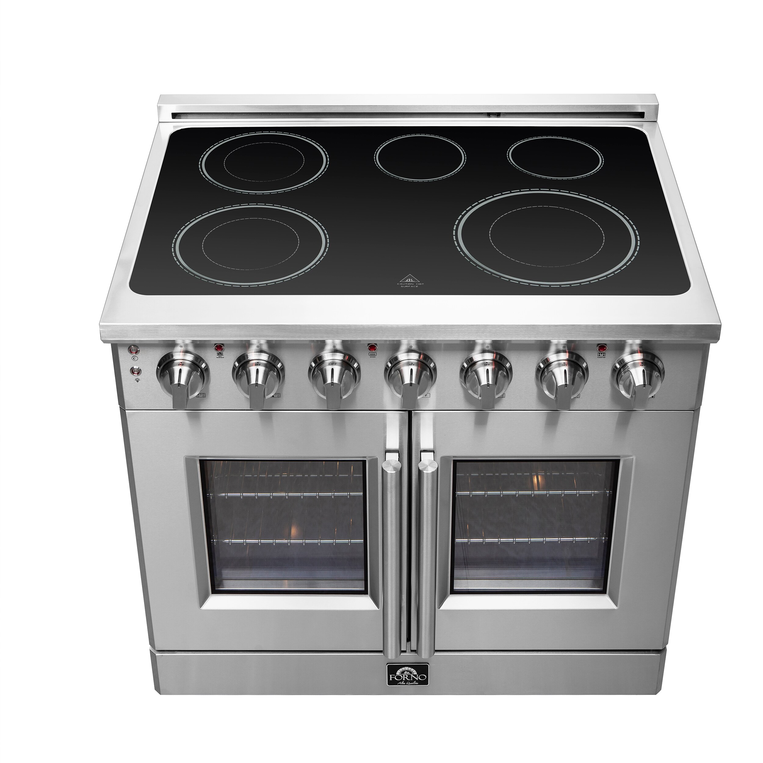 Estufa eléctrica independiente FORNO Massimo de 36 pulgadas con 5 quemadores y horno de convección de freidora de aire de 5.36 pies cúbicos en acero inoxidable. FFSEL6955-36