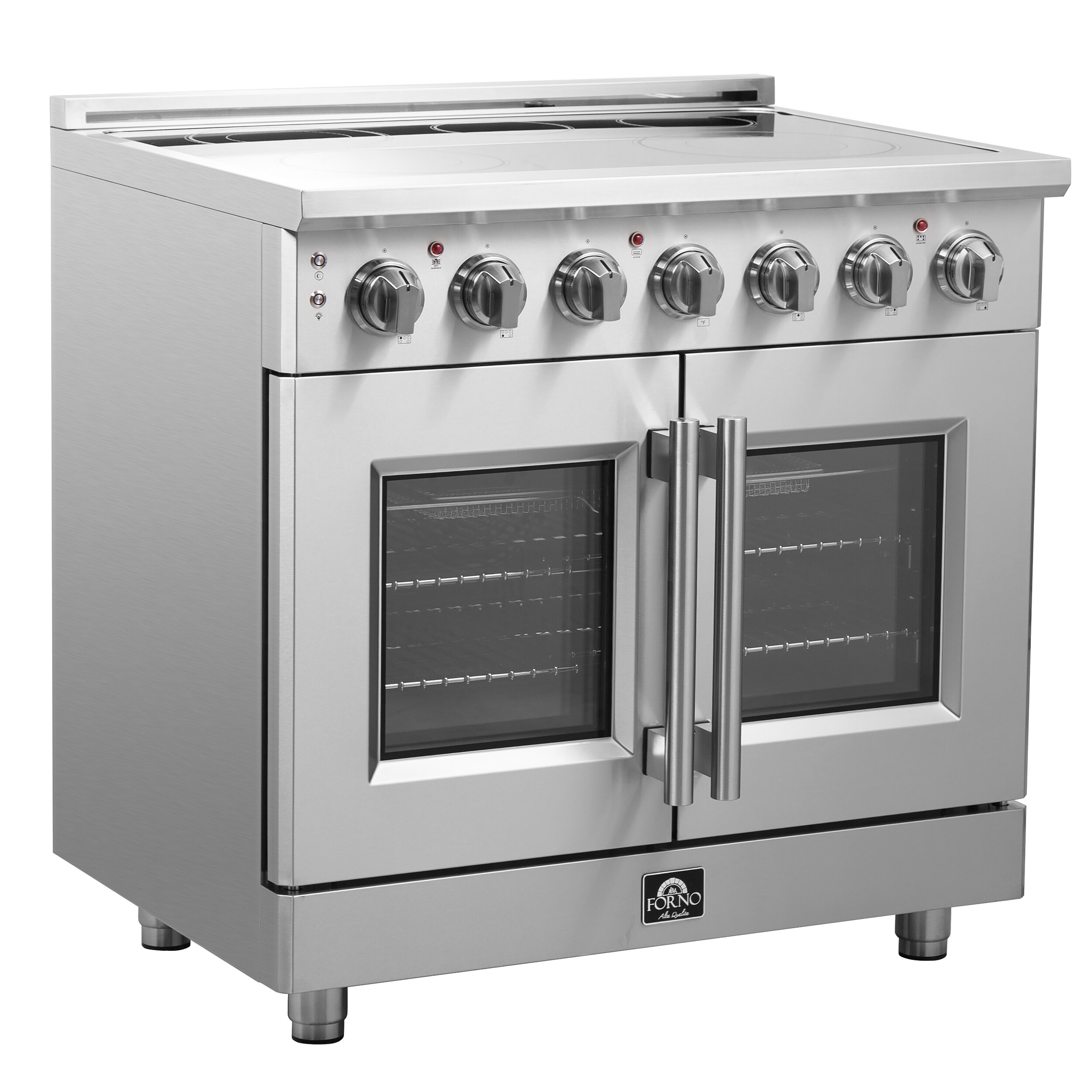 Estufa eléctrica independiente FORNO Massimo de 36 pulgadas con 5 quemadores y horno de convección de freidora de aire de 5.36 pies cúbicos en acero inoxidable. FFSEL6955-36