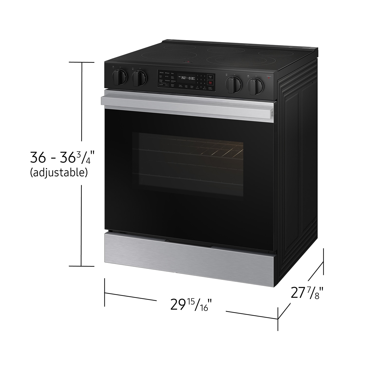 Estufa eléctrica deslizable Samsung Bespoke de 30 pulgadas con 5 quemadores, horno de convección para freír al aire de 6.3 pies cúbicos y cubierta de cristal (acero inoxidable) NSE6DG8300SR