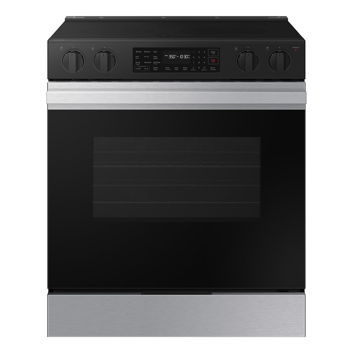 Estufa eléctrica deslizable Samsung Bespoke de 30 pulgadas con 5 quemadores, horno de convección para freír al aire de 6.3 pies cúbicos y cubierta de cristal (acero inoxidable) NSE6DG8300SR