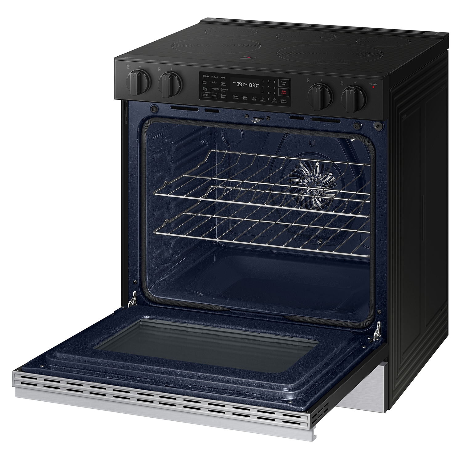 Estufa eléctrica deslizable Samsung Bespoke de 30 pulgadas con 5 quemadores, horno de convección para freír al aire de 6.3 pies cúbicos y cubierta de cristal (acero inoxidable) NSE6DG8300SR