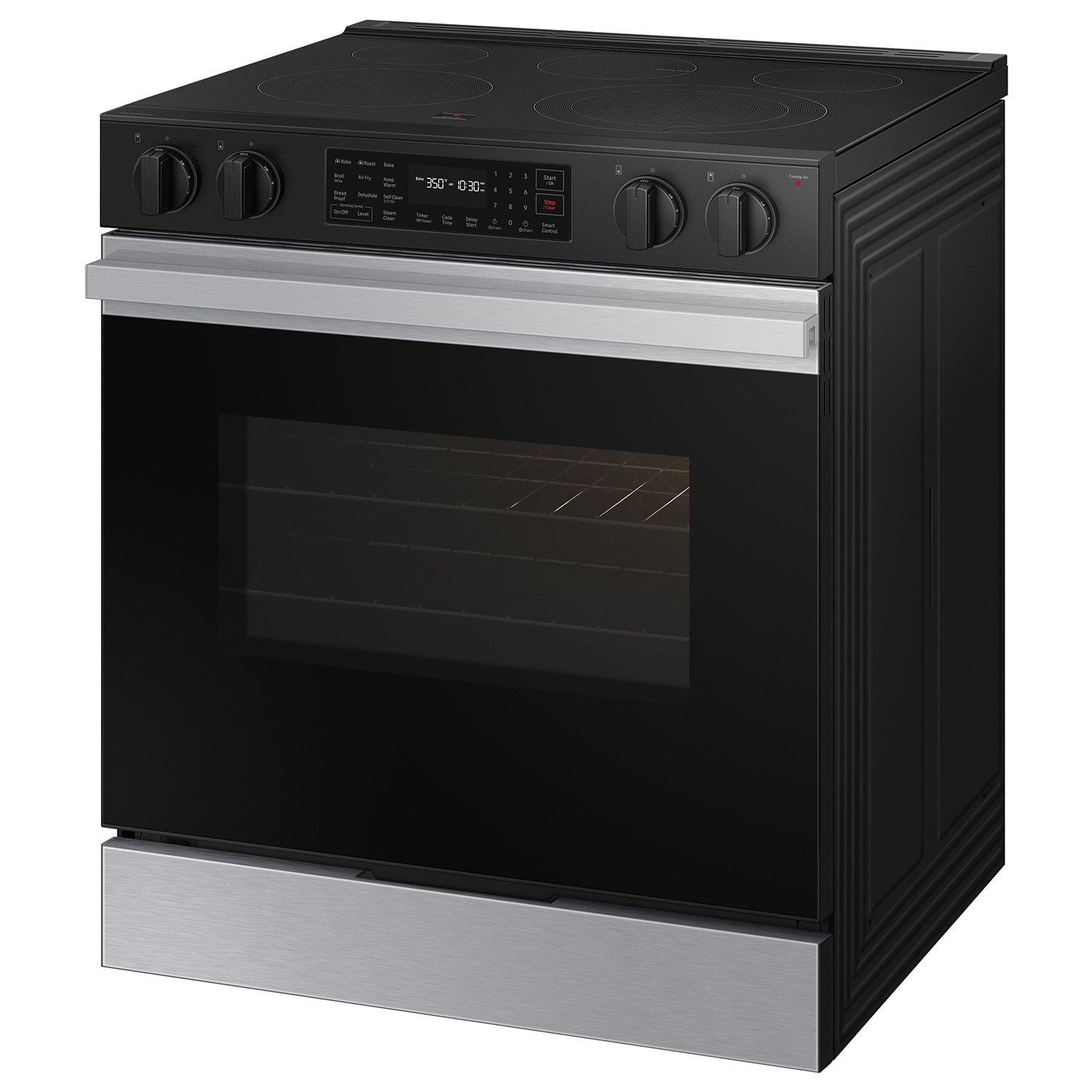 Estufa eléctrica deslizable Samsung Bespoke de 30 pulgadas con 5 quemadores, horno de convección para freír al aire de 6.3 pies cúbicos y cubierta de cristal (acero inoxidable) NSE6DG8300SR