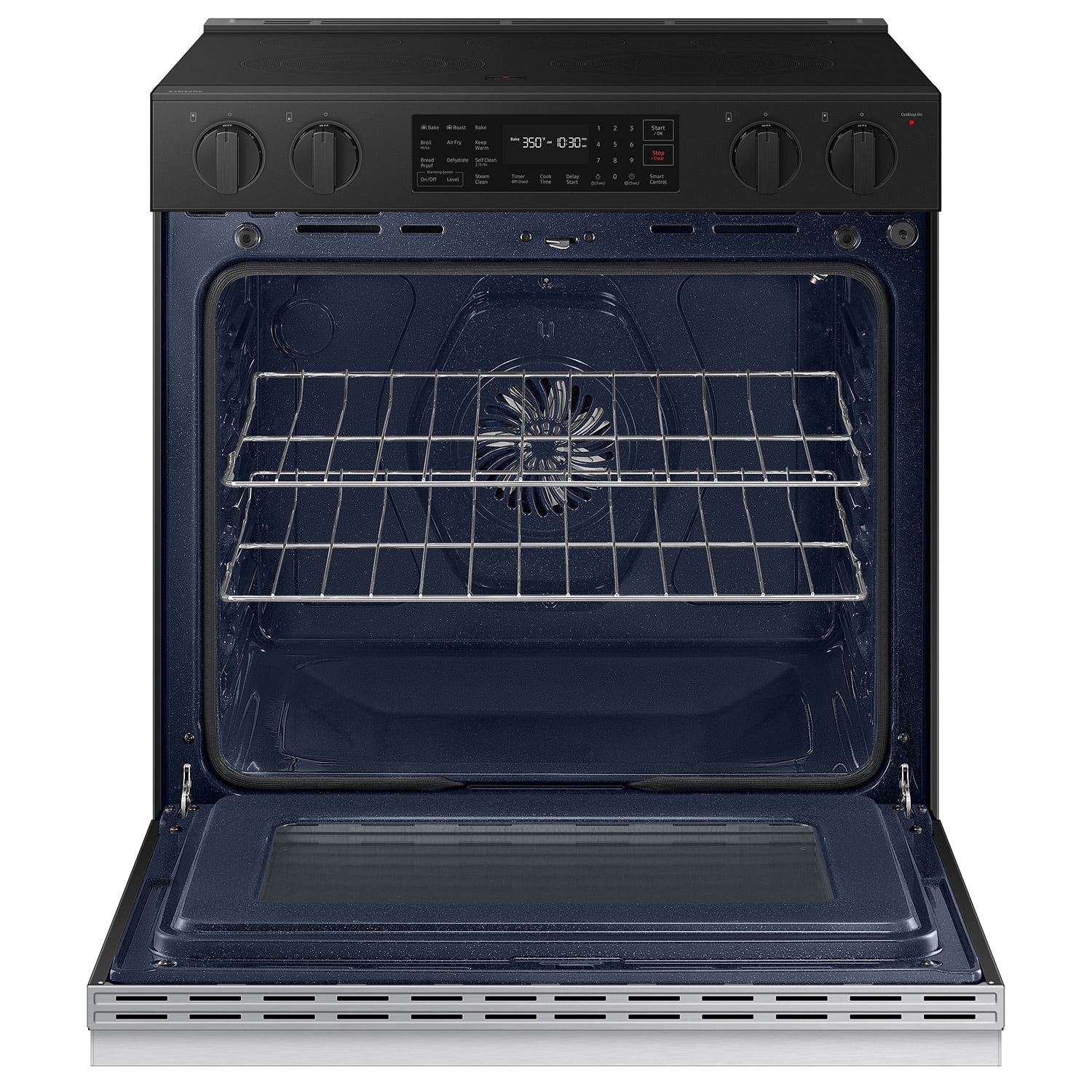 Estufa eléctrica deslizable Samsung Bespoke de 30 pulgadas con 5 quemadores, horno de convección para freír al aire de 6.3 pies cúbicos y cubierta de cristal (acero inoxidable) NSE6DG8300SR