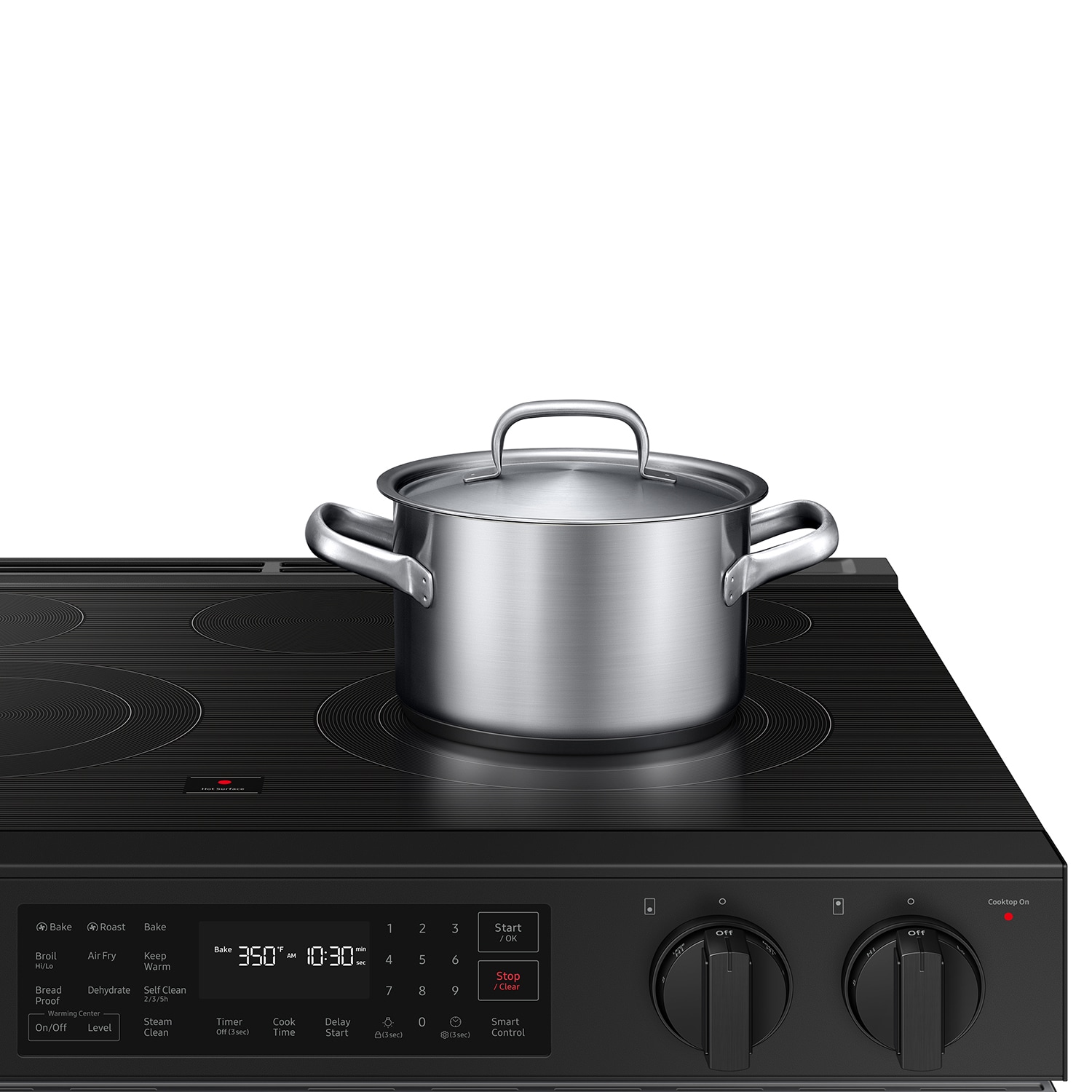 Estufa eléctrica deslizable Samsung Bespoke de 30 pulgadas con 5 quemadores, horno de convección para freír al aire de 6.3 pies cúbicos y cubierta de cristal (acero inoxidable) NSE6DG8300SR