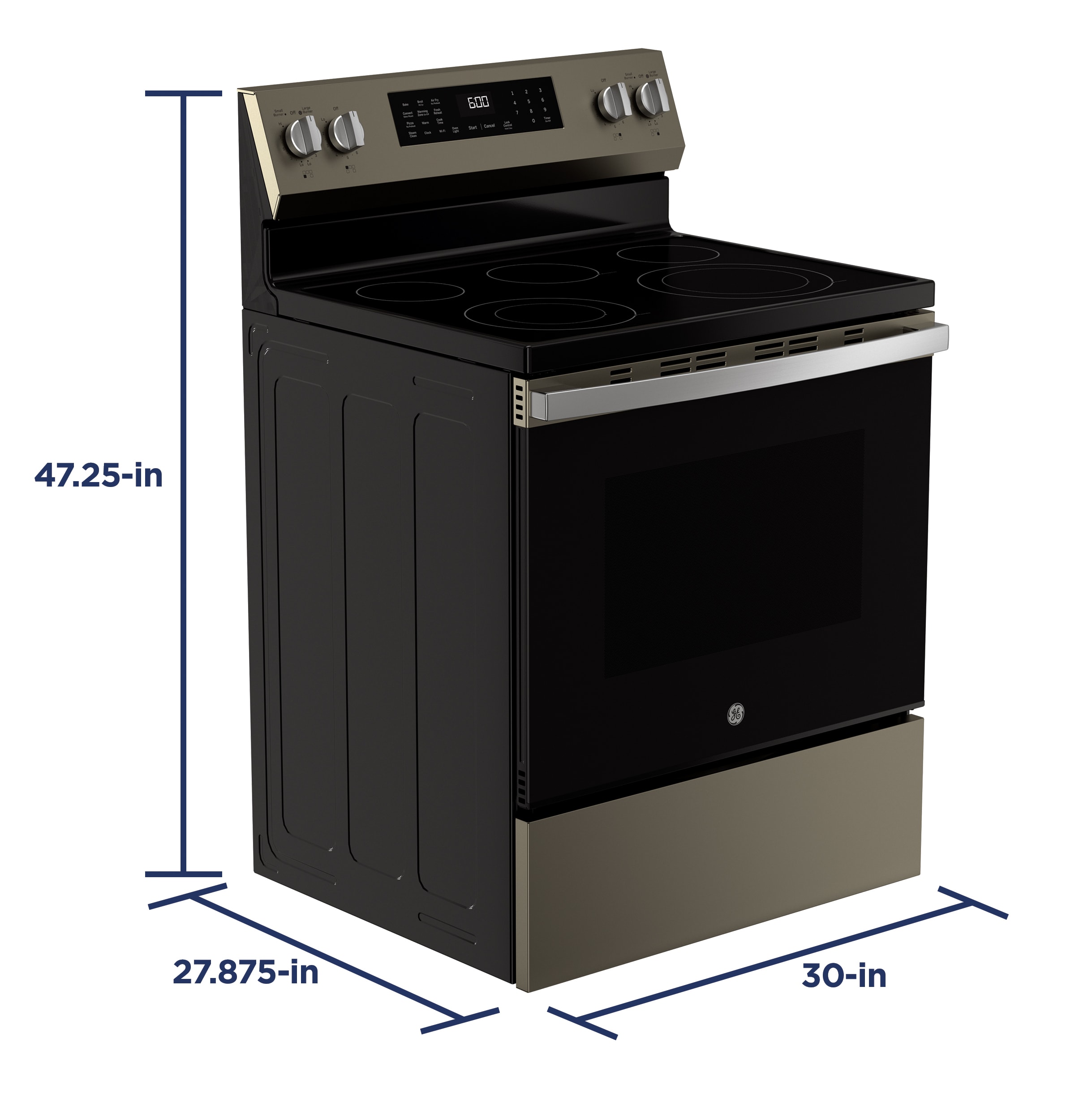 Charola para horno GE EasyWash de 30 pulgadas con tapa de vidrio y 5 quemadores, horno de convección con freidora de aire de 5.3 pies cúbicos, estufa eléctrica independiente (Pizarra) GRF600AVES