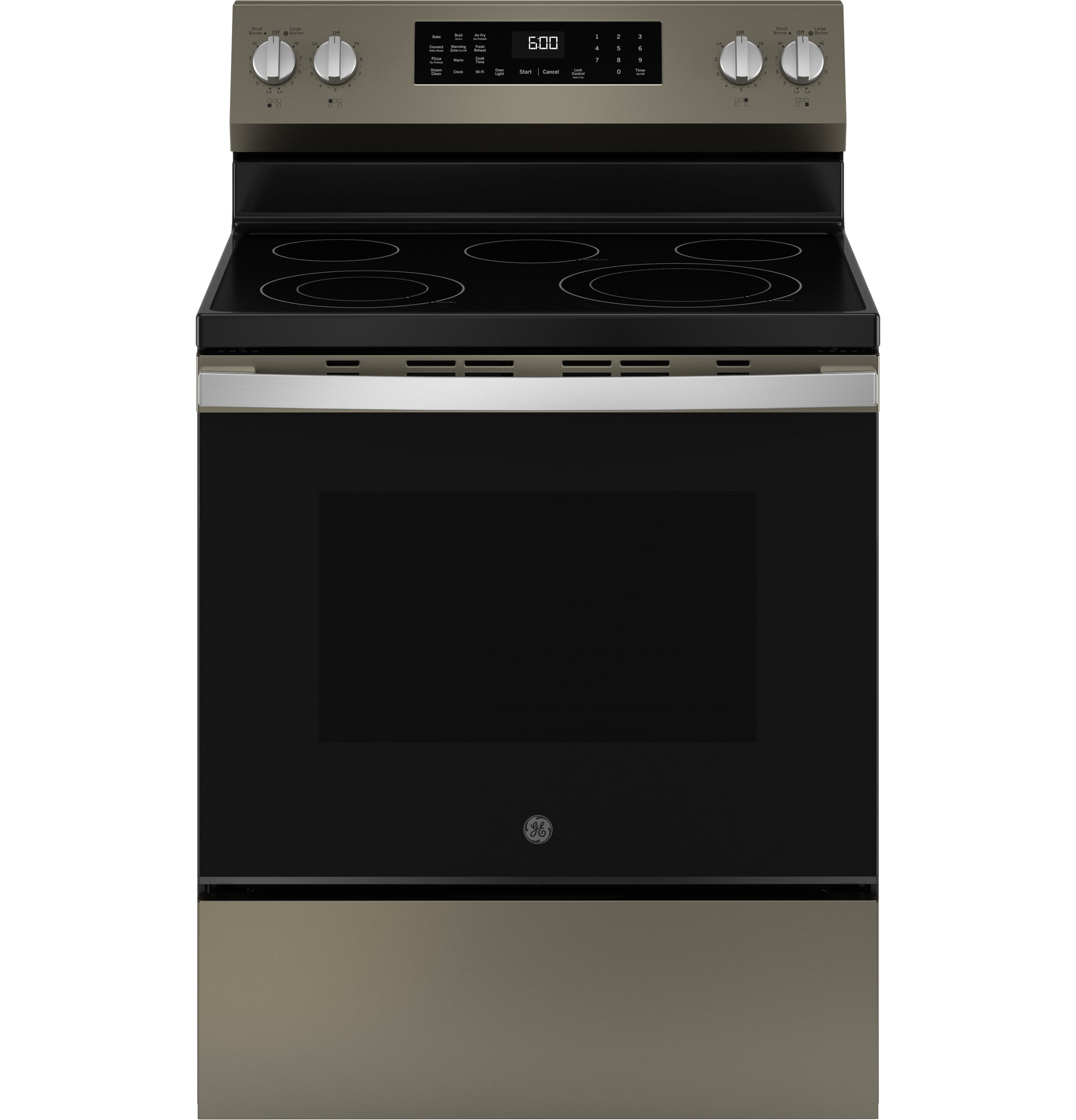 Charola para horno GE EasyWash de 30 pulgadas con tapa de vidrio y 5 quemadores, horno de convección con freidora de aire de 5.3 pies cúbicos, estufa eléctrica independiente (Pizarra) GRF600AVES