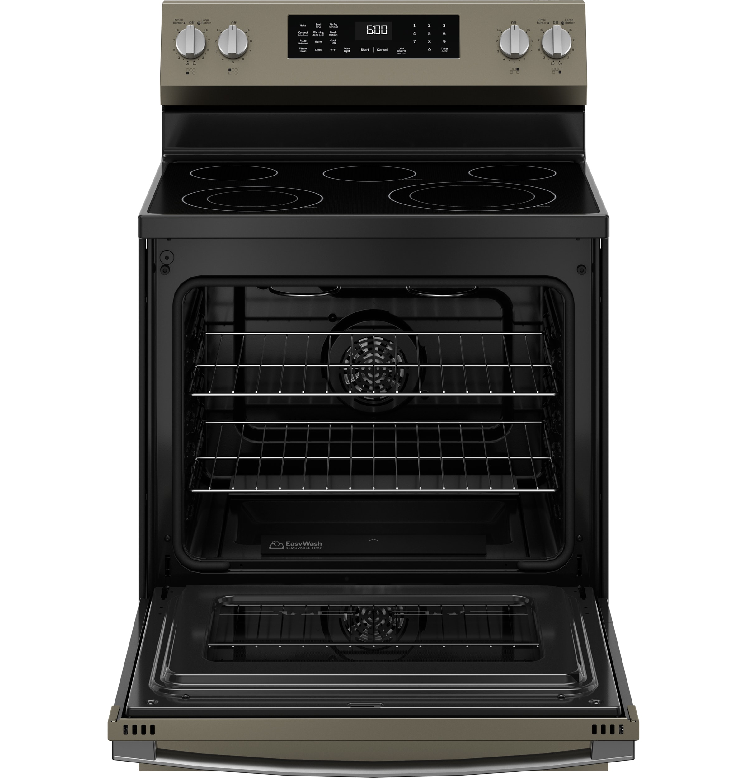 Charola para horno GE EasyWash de 30 pulgadas con tapa de vidrio y 5 quemadores, horno de convección con freidora de aire de 5.3 pies cúbicos, estufa eléctrica independiente (Pizarra) GRF600AVES