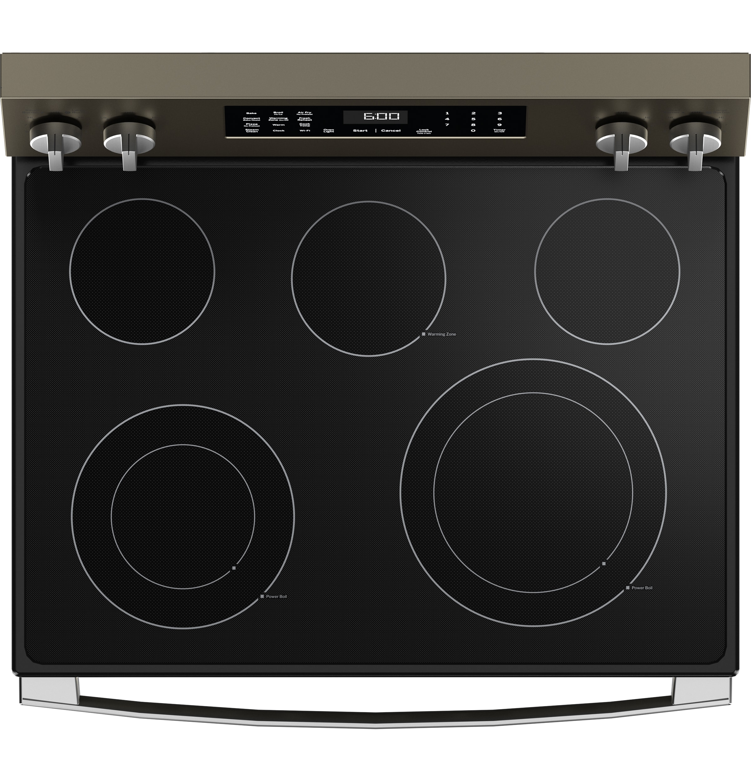 Charola para horno GE EasyWash de 30 pulgadas con tapa de vidrio y 5 quemadores, horno de convección con freidora de aire de 5.3 pies cúbicos, estufa eléctrica independiente (Pizarra) GRF600AVES