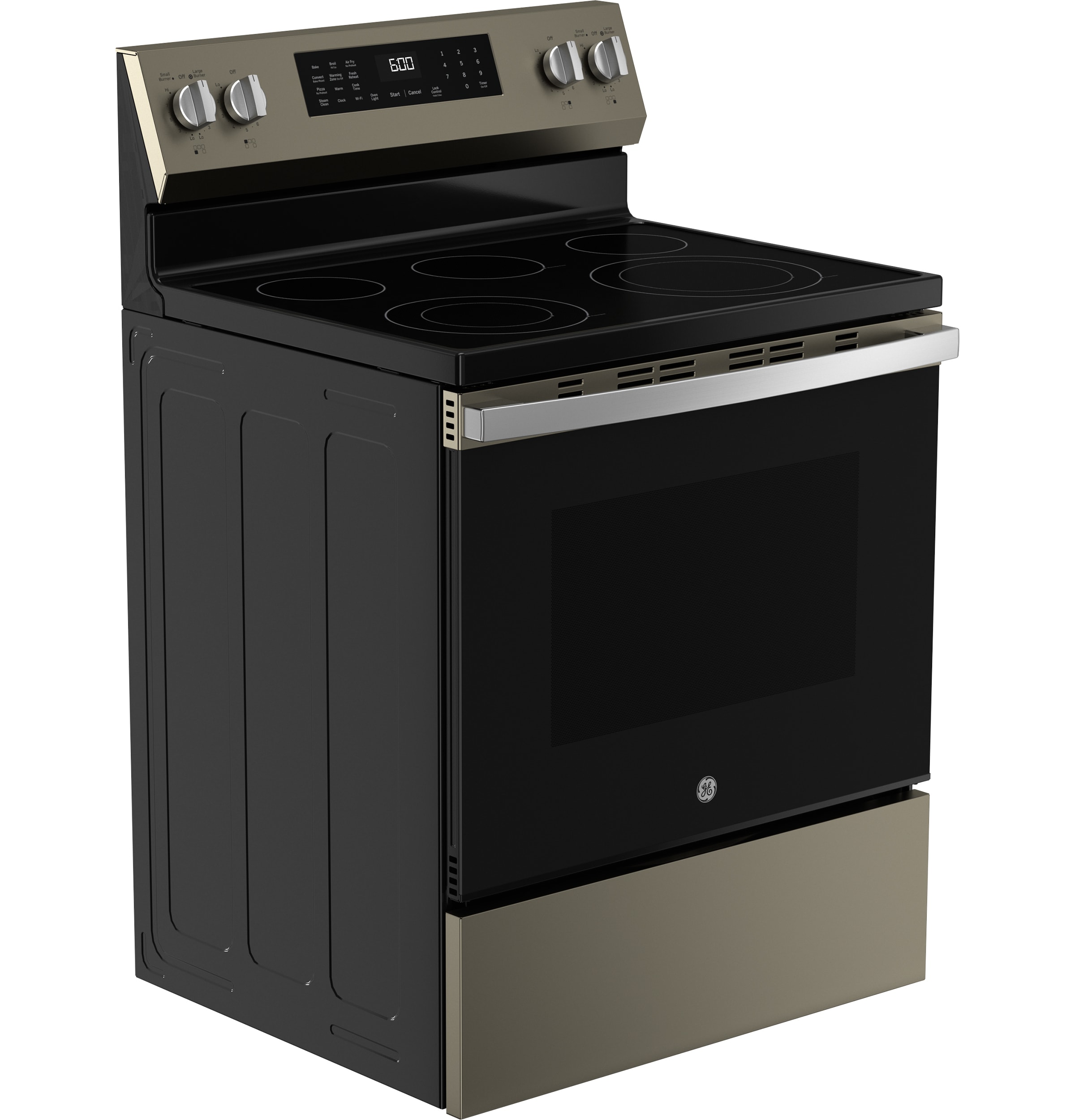 Charola para horno GE EasyWash de 30 pulgadas con tapa de vidrio y 5 quemadores, horno de convección con freidora de aire de 5.3 pies cúbicos, estufa eléctrica independiente (Pizarra) GRF600AVES