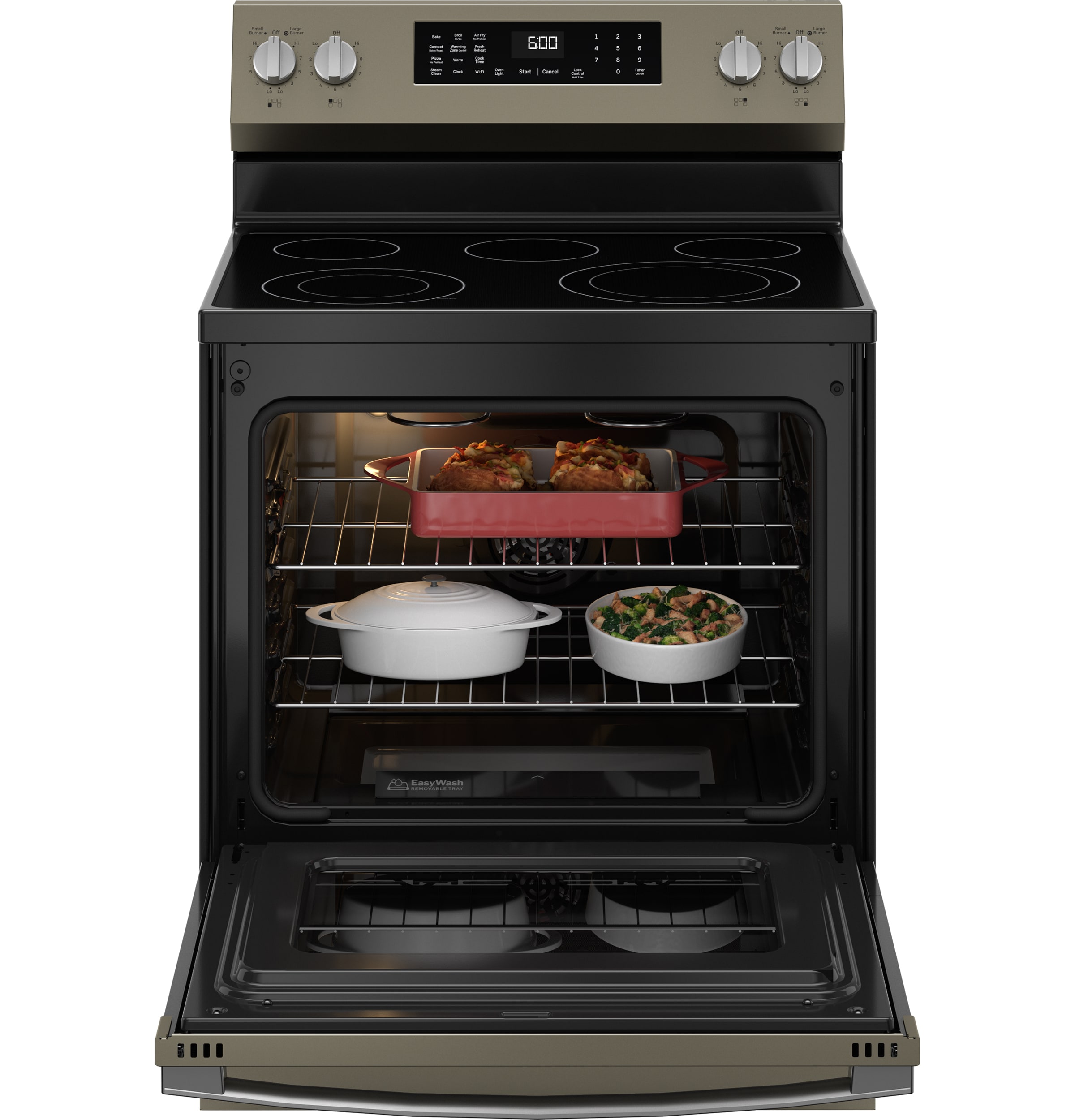 Charola para horno GE EasyWash de 30 pulgadas con tapa de vidrio y 5 quemadores, horno de convección con freidora de aire de 5.3 pies cúbicos, estufa eléctrica independiente (Pizarra) GRF600AVES