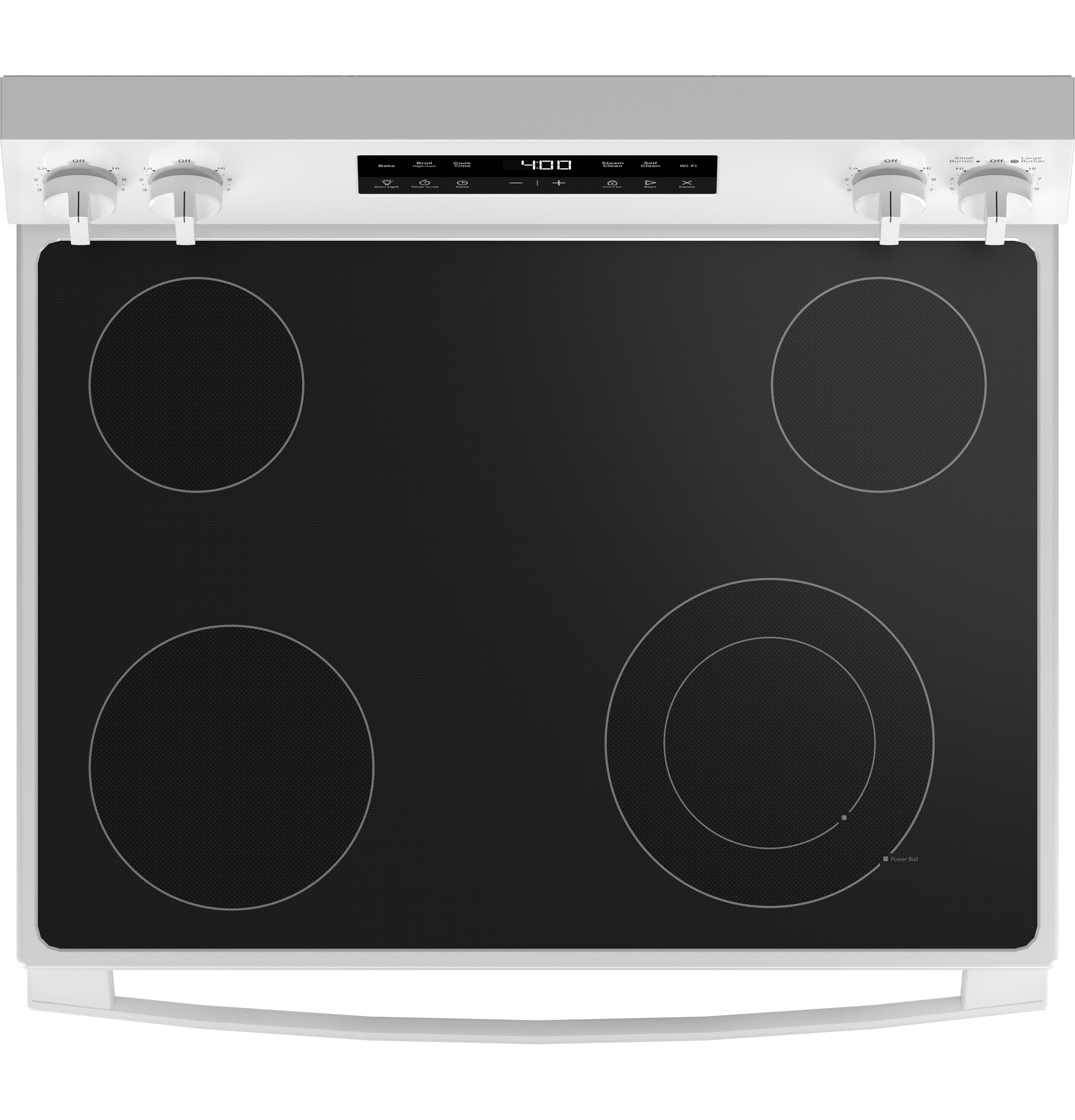 Estufa eléctrica independiente con 4 quemadores de vidrio de 30 pulgadas y 5.3 pies cúbicos (Blanco)