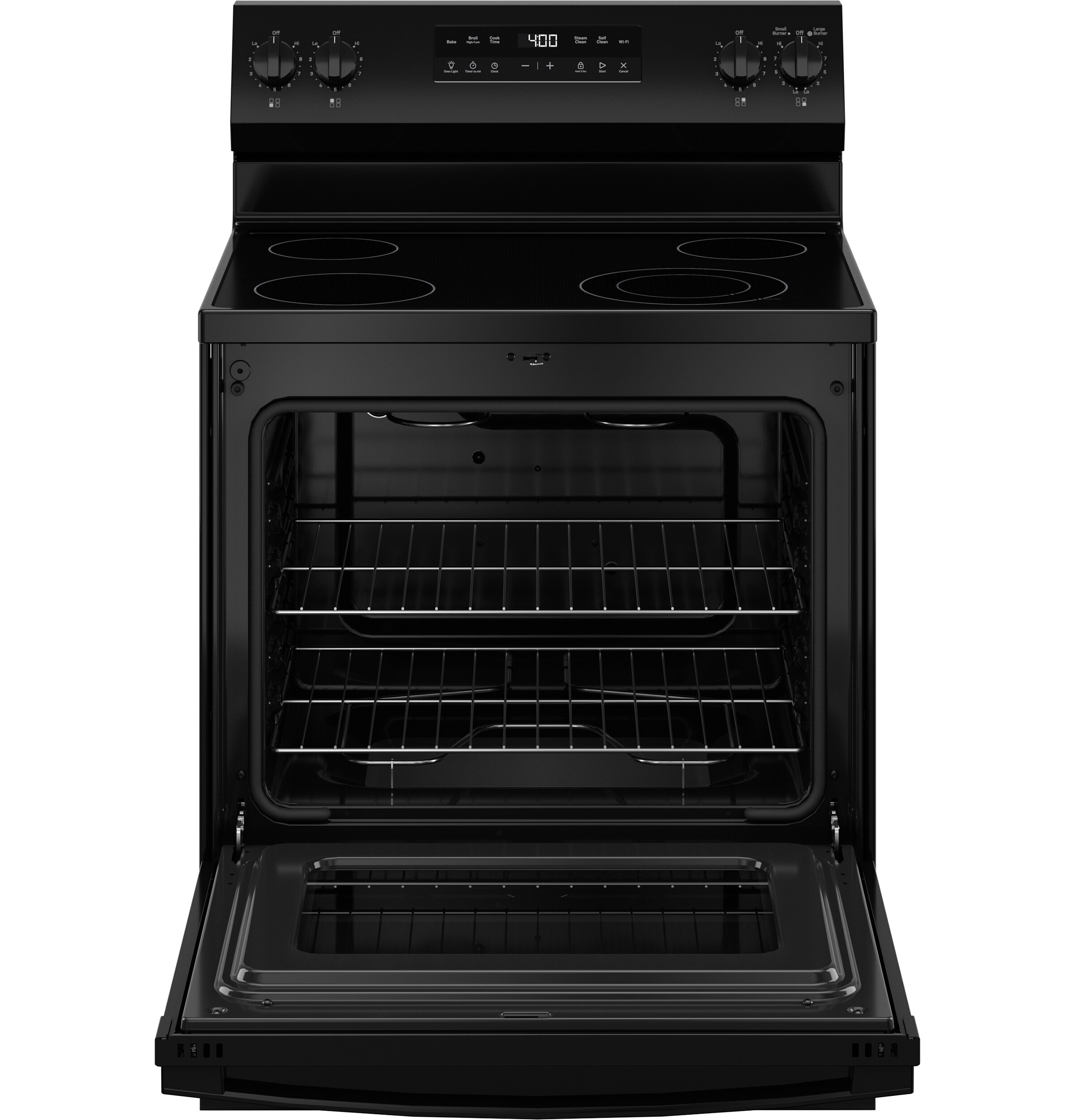 Estufa eléctrica independiente de 30 pulgadas con cubierta de vidrio y 4 quemadores, 5.3 pies cúbicos (negro)