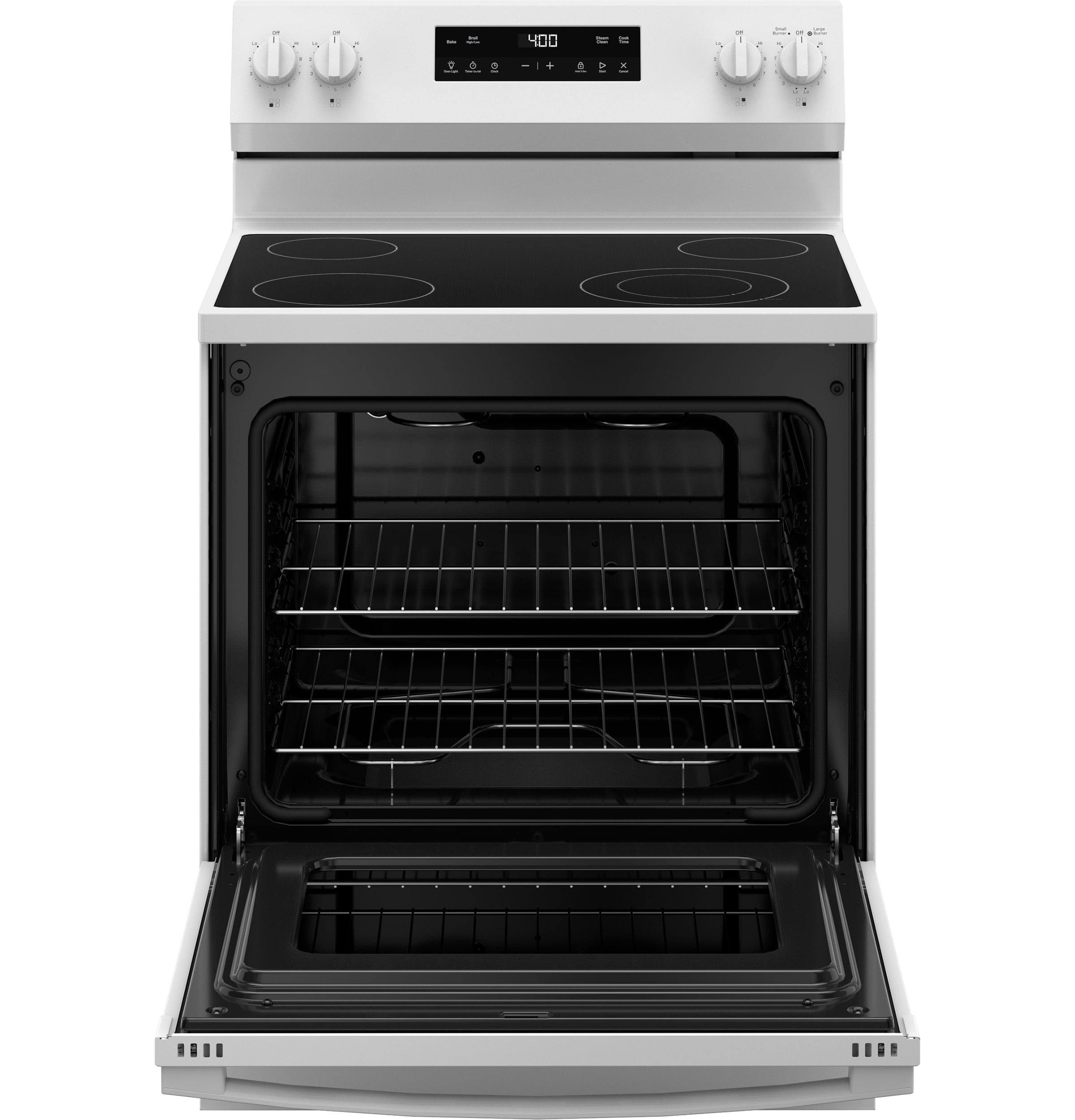Estufa Eléctrica de Piso con 4 quemadores y superficie de vidrio de 30 pulgadas, 5.3 pies cúbicos (Blanca)
