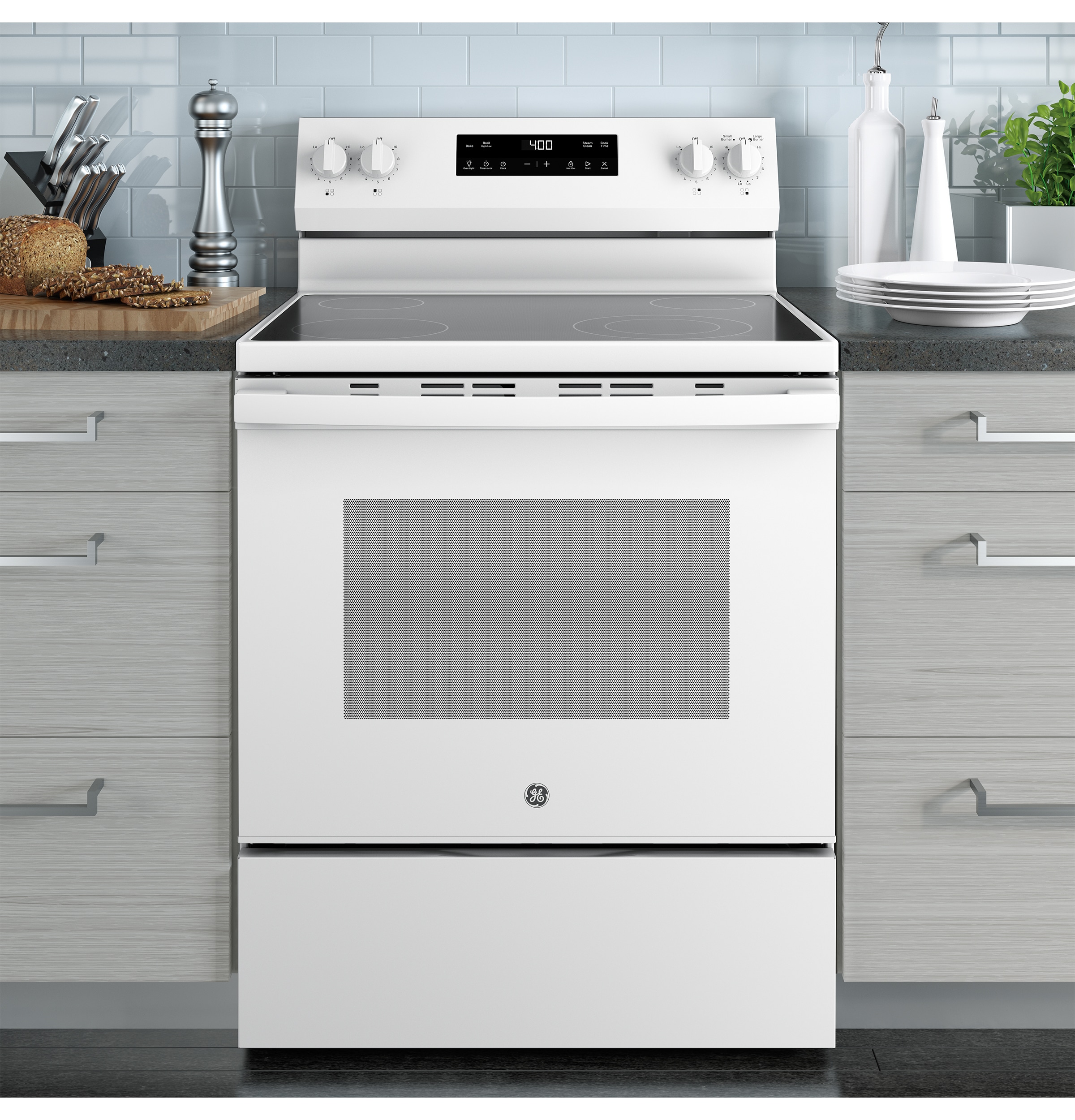 Estufa Eléctrica de Piso con 4 quemadores y superficie de vidrio de 30 pulgadas, 5.3 pies cúbicos (Blanca)