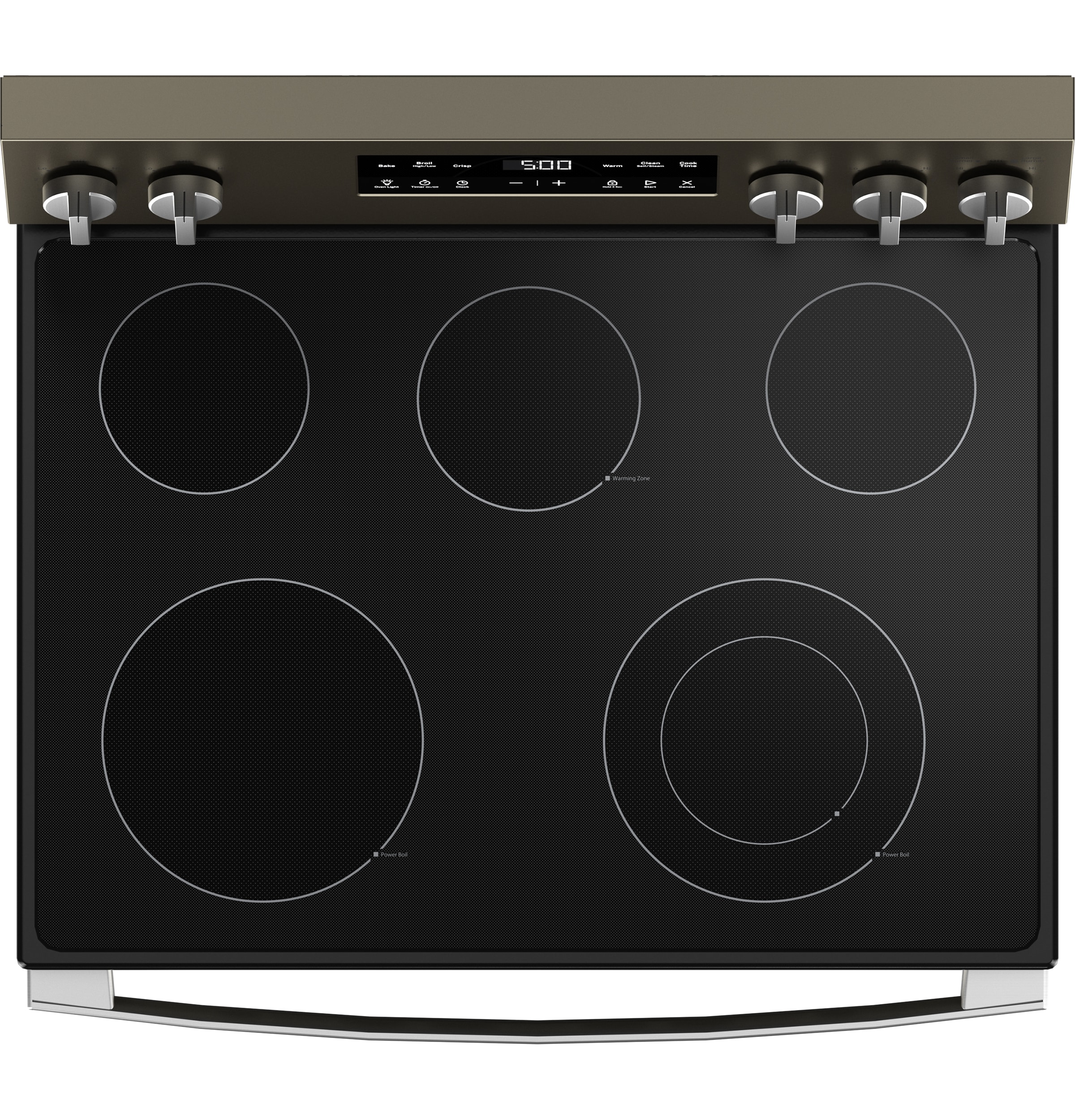 Estufa eléctrica independiente con 5 quemadores y modo Crisp de GE, cubierta de vidrio de 30 pulgadas y 5.3 pies cúbicos (Slate)