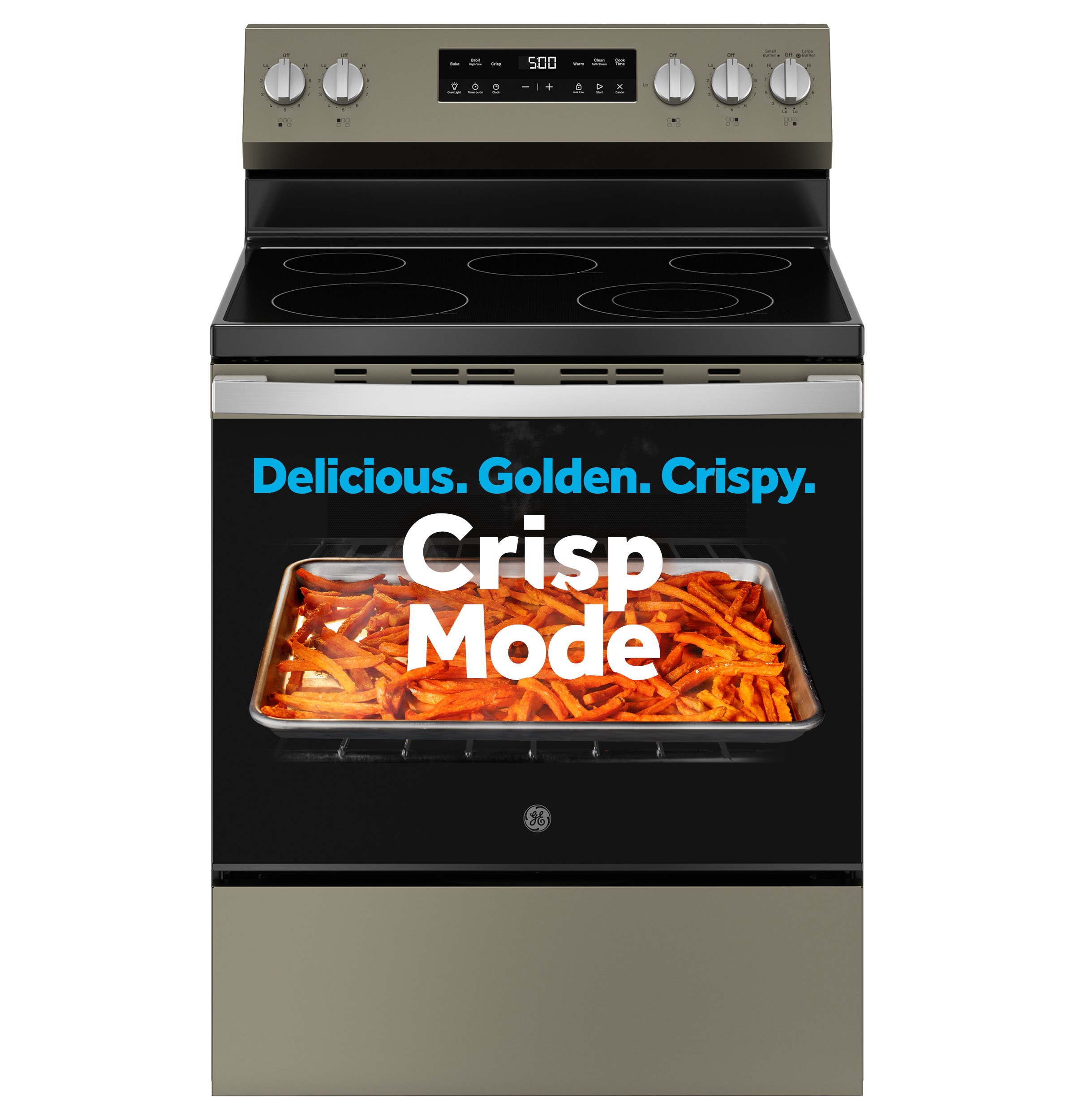 Estufa eléctrica independiente con 5 quemadores y modo Crisp de GE, cubierta de vidrio de 30 pulgadas y 5.3 pies cúbicos (Slate)