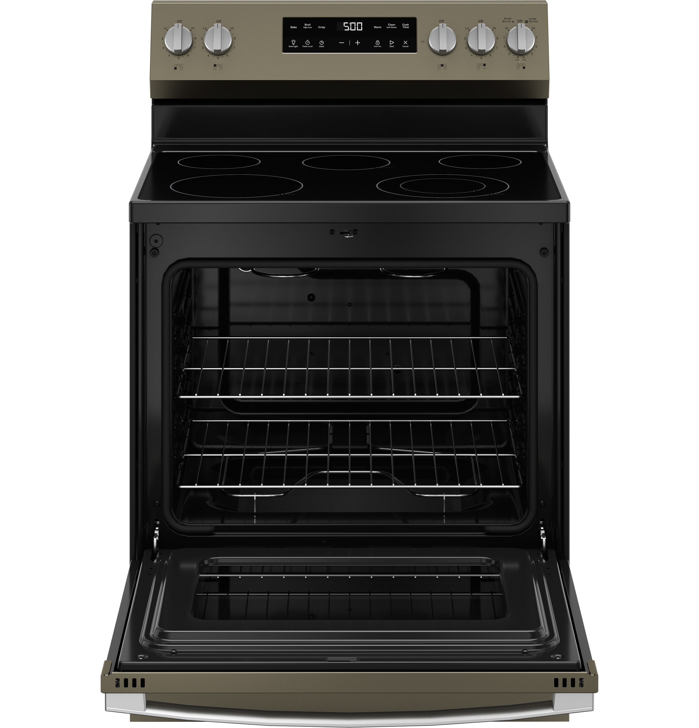 Estufa eléctrica independiente con 5 quemadores y modo Crisp de GE, cubierta de vidrio de 30 pulgadas y 5.3 pies cúbicos (Slate)