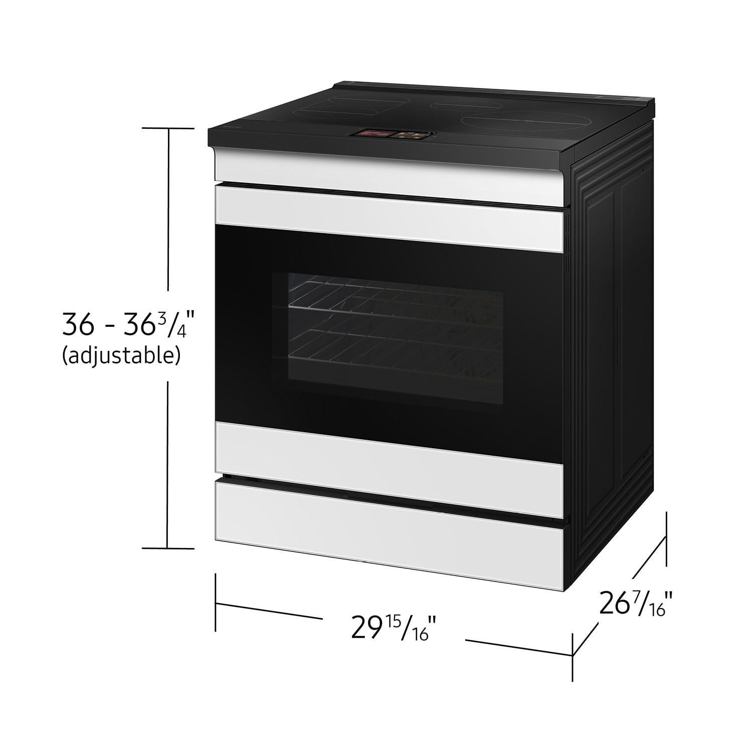 Samsung Bespoke 30 pulgadas 4 quemadores 6.3 pies cúbicos Horno de convección con freidora de aire Deslizable de inducción individual (Cristal blanco) NSI6DB990012