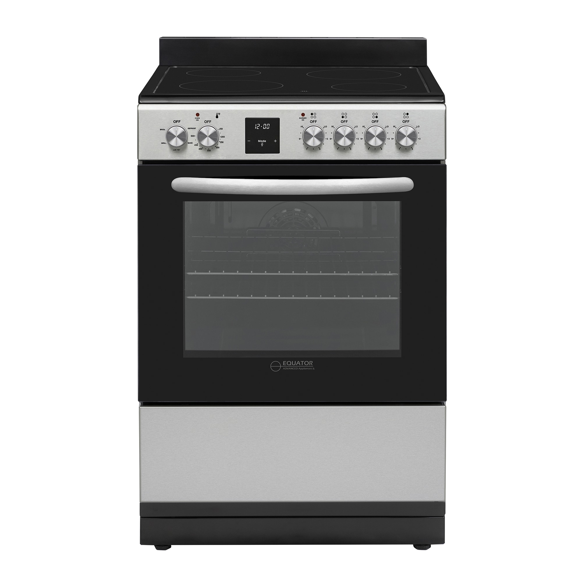 Horno de Convección + Freidora de Aire de Equator Advanced Appliances de 24 pulgadas con tapa de vidrio, 4 quemadores, horno de convección de freír de aire de 2.4 pies cúbicos, cocina eléctrica independiente con recubrimiento WipeClean (Acero inoxidable) ECR 244 S
