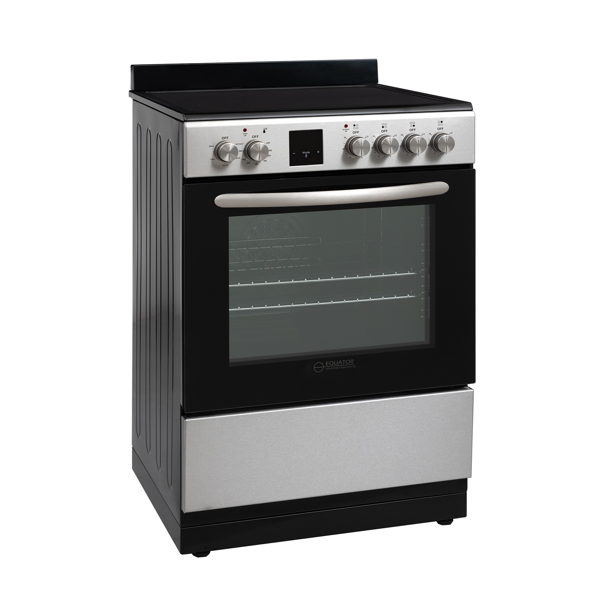 Horno de Convección + Freidora de Aire de Equator Advanced Appliances de 24 pulgadas con tapa de vidrio, 4 quemadores, horno de convección de freír de aire de 2.4 pies cúbicos, cocina eléctrica independiente con recubrimiento WipeClean (Acero inoxidable) ECR 244 S