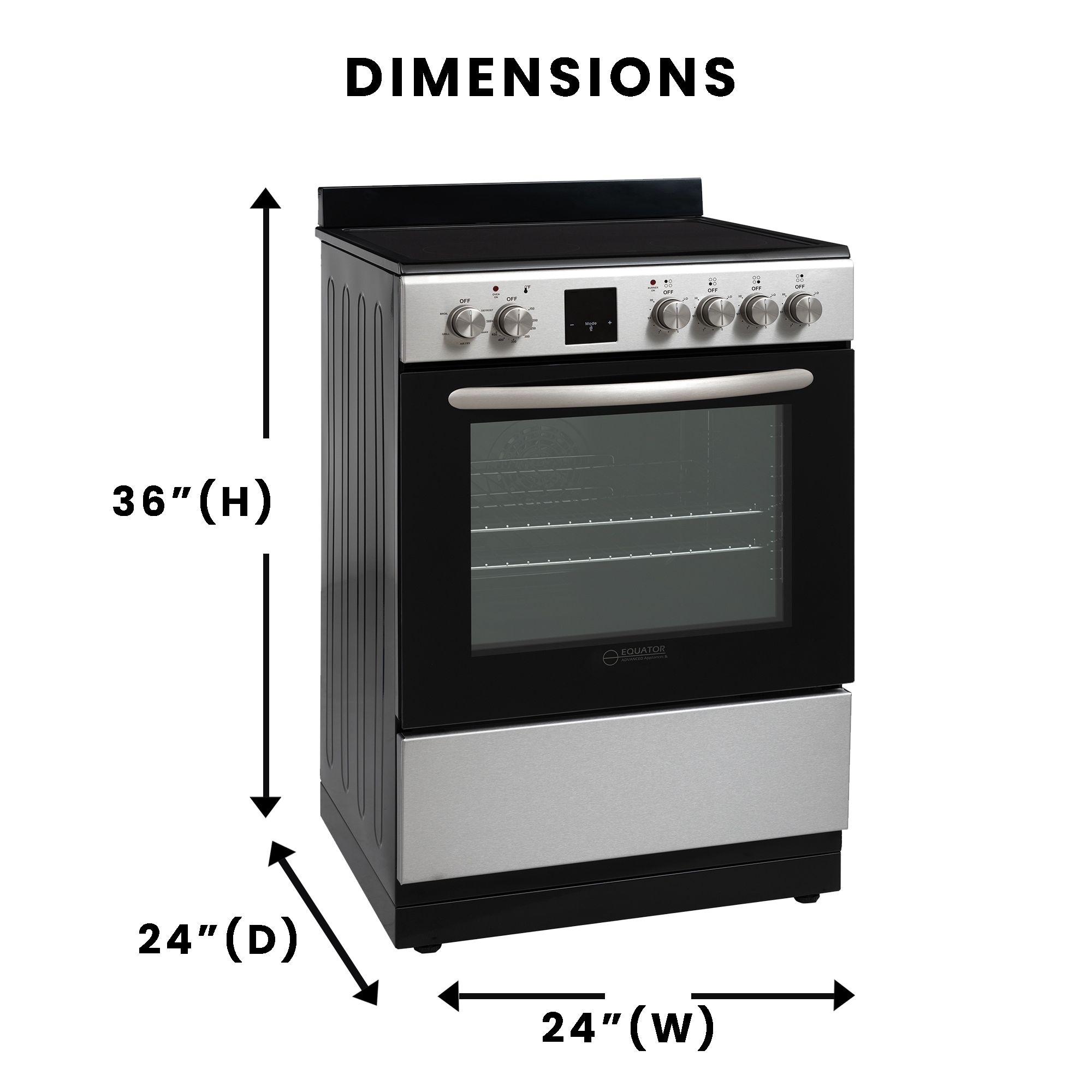 Horno de Convección + Freidora de Aire de Equator Advanced Appliances de 24 pulgadas con tapa de vidrio, 4 quemadores, horno de convección de freír de aire de 2.4 pies cúbicos, cocina eléctrica independiente con recubrimiento WipeClean (Acero inoxidable) ECR 244 S