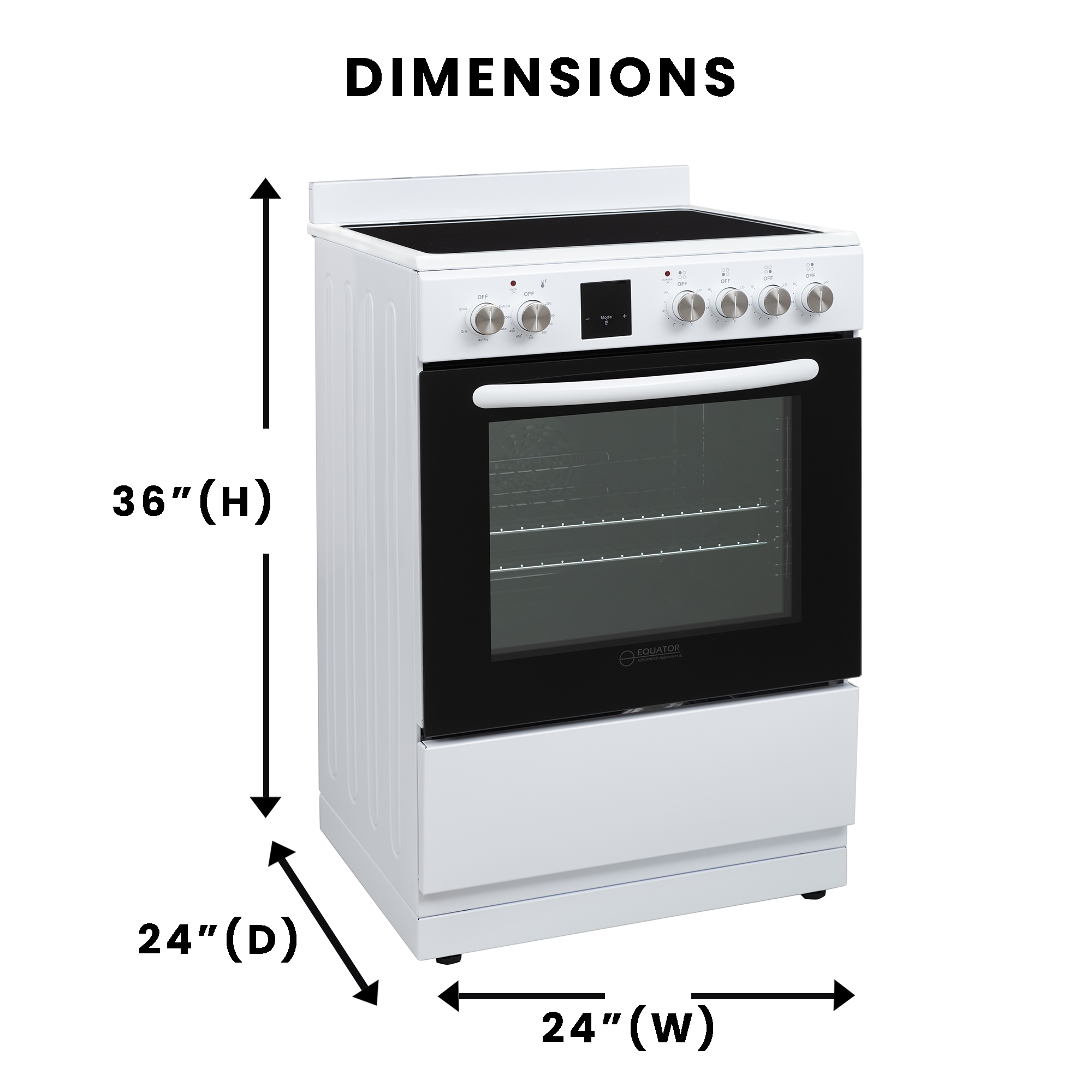 Horno de Convección + Freidora de Aire de Equator Advanced Appliances de 24 pulgadas, 4 quemadores en la cubierta de vidrio, 2.4 pies cúbicos, Horno de Convección de Aire Frito, Estufa Eléctrica Independiente con Revestimiento WipeClean (Blanco) ECR 244
