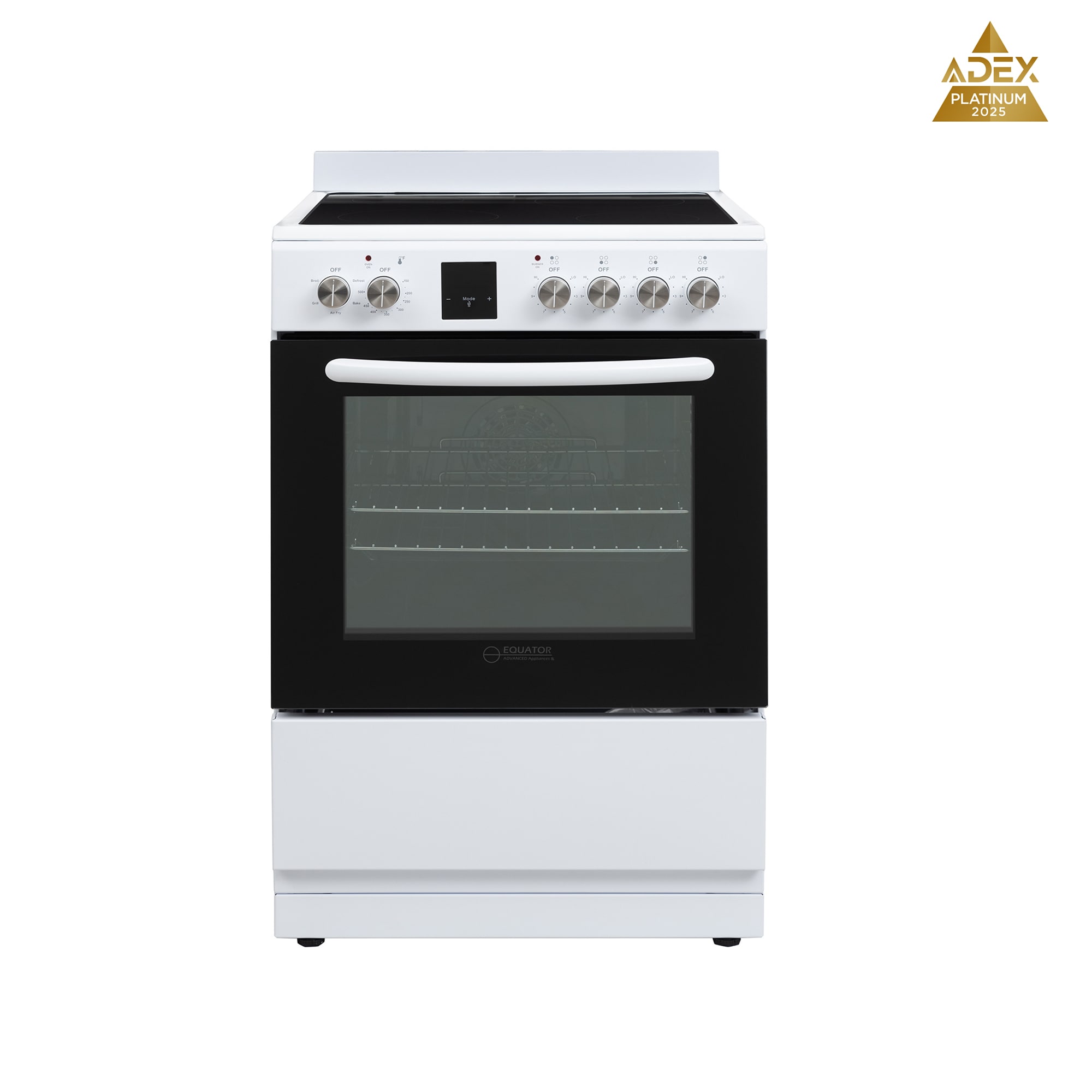 Horno de Convección + Freidora de Aire de Equator Advanced Appliances de 24 pulgadas, 4 quemadores en la cubierta de vidrio, 2.4 pies cúbicos, Horno de Convección de Aire Frito, Estufa Eléctrica Independiente con Revestimiento WipeClean (Blanco) ECR 244