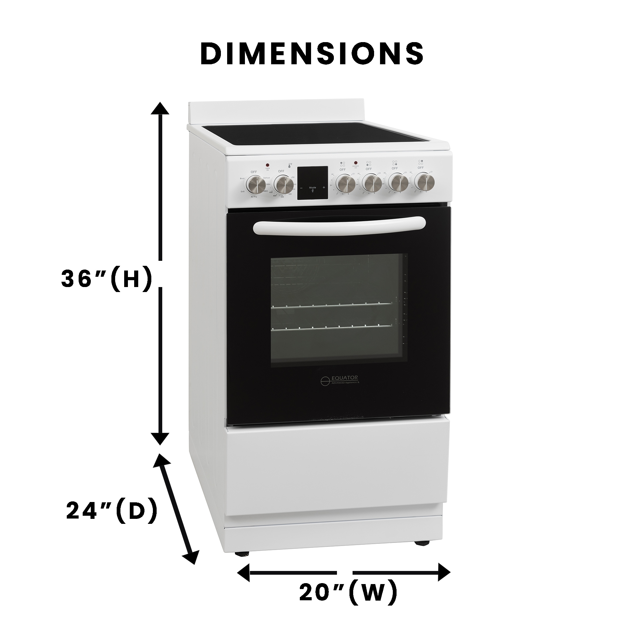 Horno de convección y freidora de aire Equator Advanced Appliances de 20 pulgadas con 4 quemadores de vidrio, horno de convección y freidora de aire de 1.9 pies cúbicos, estufa de electrica independiente con recubrimiento WipeClean (Blanco) ECR 204 BLANCO