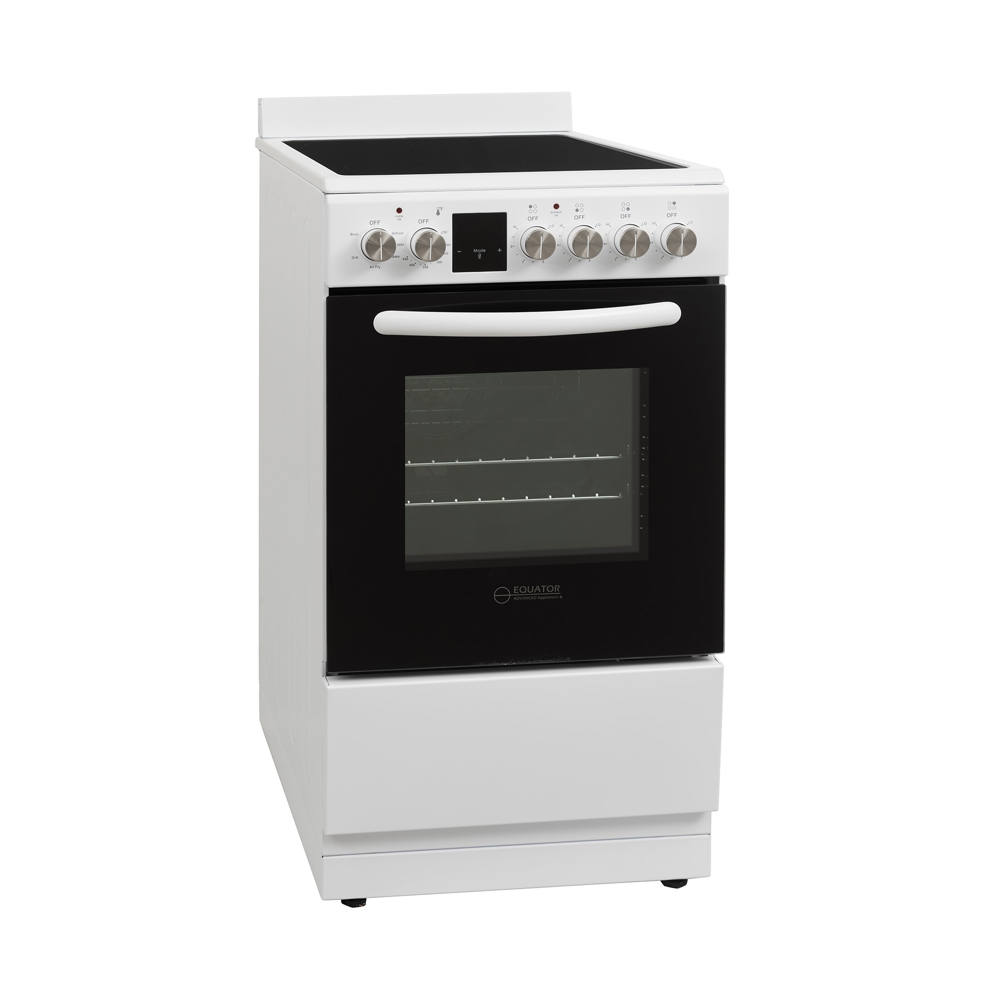 Horno de convección y freidora de aire Equator Advanced Appliances de 20 pulgadas con 4 quemadores de vidrio, horno de convección y freidora de aire de 1.9 pies cúbicos, estufa de electrica independiente con recubrimiento WipeClean (Blanco) ECR 204 BLANCO