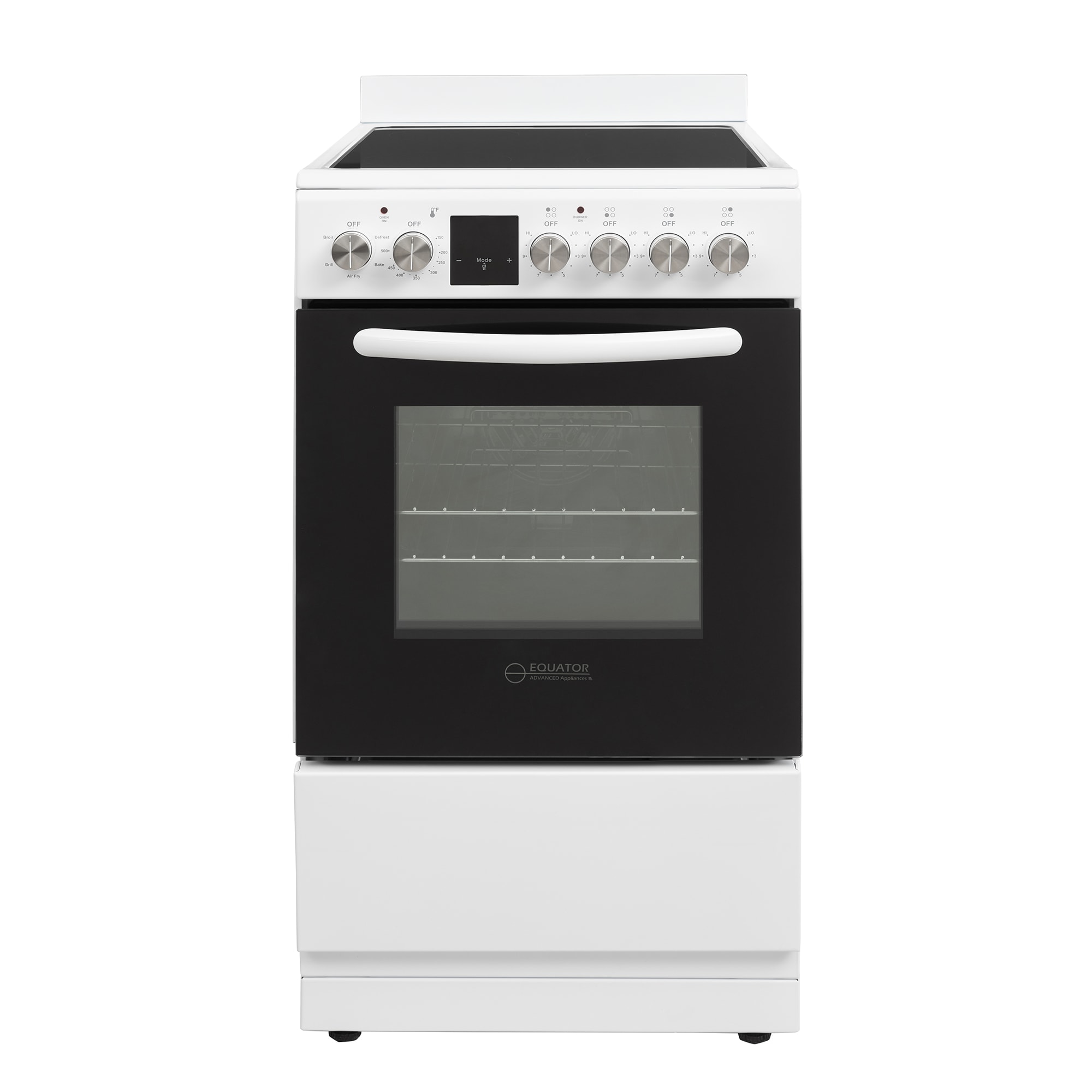 Horno de convección y freidora de aire Equator Advanced Appliances de 20 pulgadas con 4 quemadores de vidrio, horno de convección y freidora de aire de 1.9 pies cúbicos, estufa de electrica independiente con recubrimiento WipeClean (Blanco) ECR 204 BLANCO