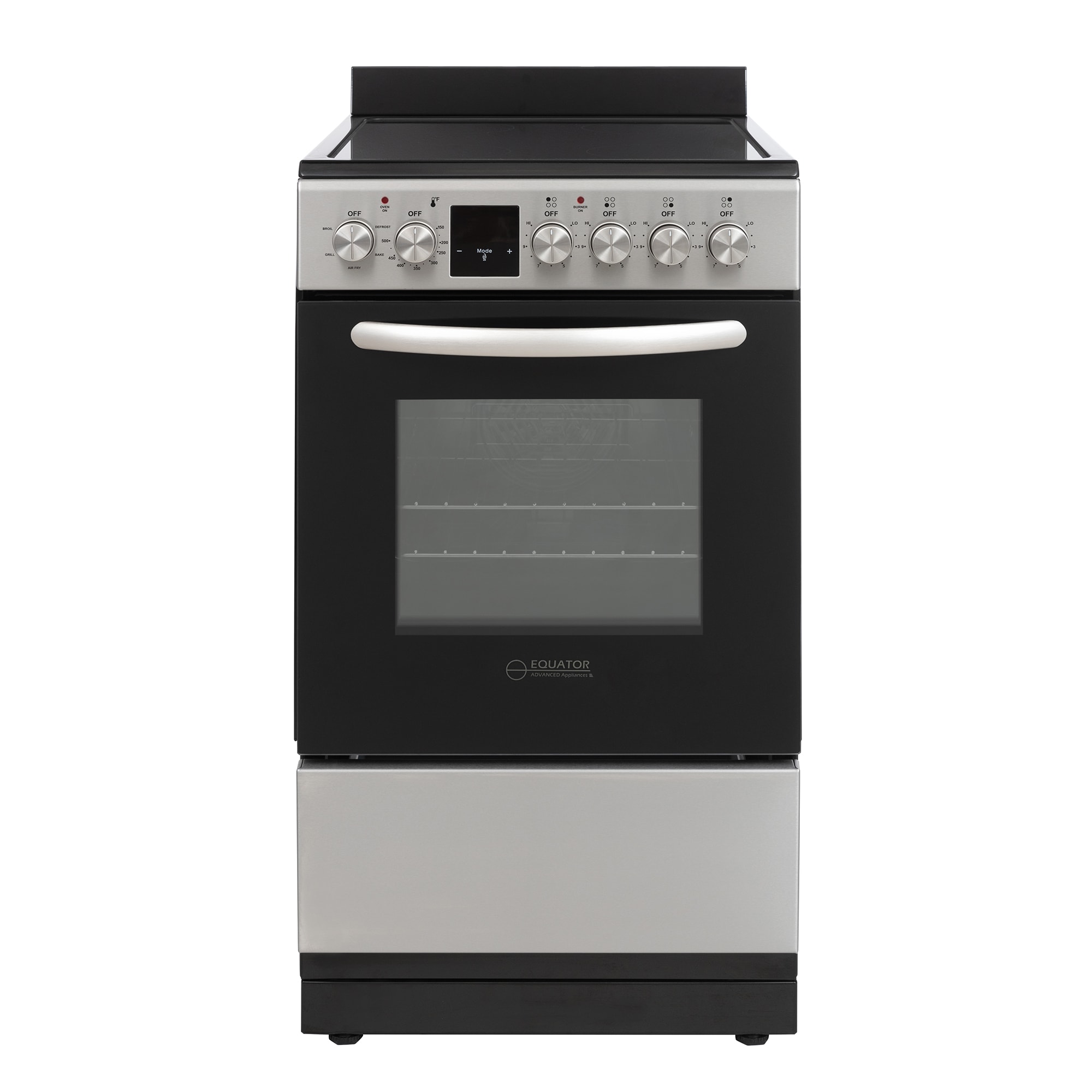 "Estufa de convección y freidora de aire Equator Advanced Appliances de 20 pulgadas con cubierta de vidrio, 4 quemadores, horno de convección y freidora de aire de 1.9 pies cúbicos, estufa eléctrica independiente con recubrimiento WipeClean (Acero Inoxidable) ECR 204 ACERO INOXIDABLE"