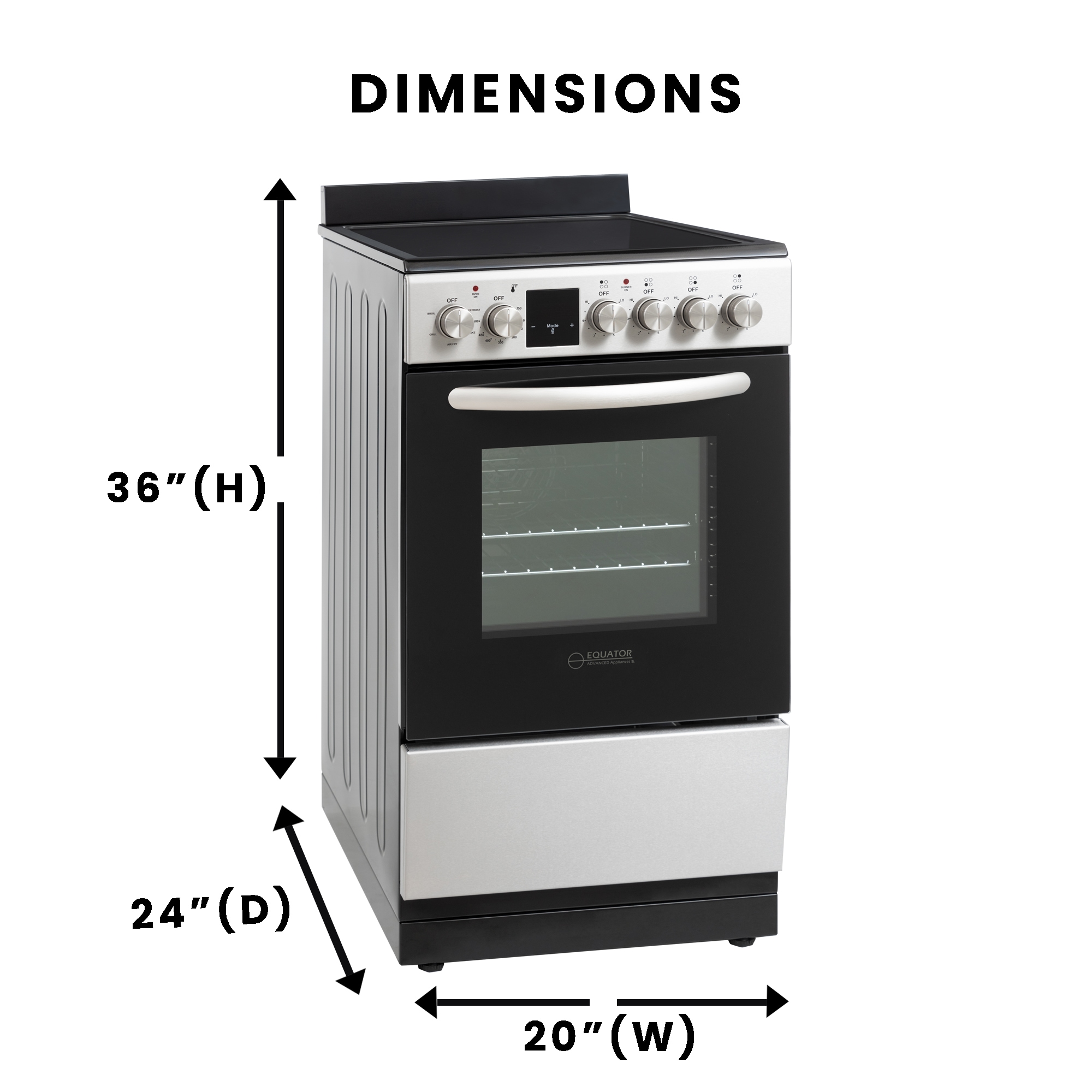 "Estufa de convección y freidora de aire Equator Advanced Appliances de 20 pulgadas con cubierta de vidrio, 4 quemadores, horno de convección y freidora de aire de 1.9 pies cúbicos, estufa eléctrica independiente con recubrimiento WipeClean (Acero Inoxidable) ECR 204 ACERO INOXIDABLE"