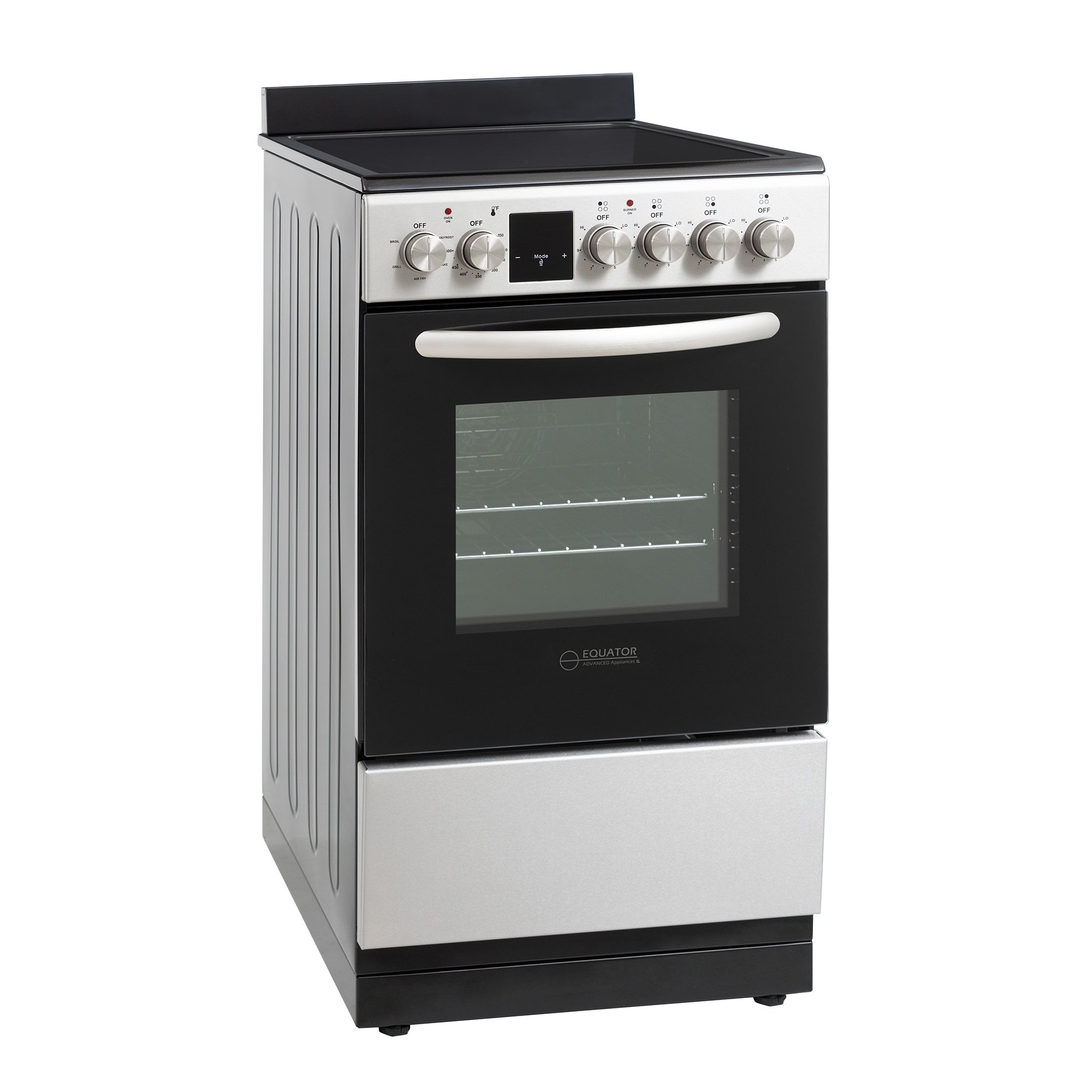 "Estufa de convección y freidora de aire Equator Advanced Appliances de 20 pulgadas con cubierta de vidrio, 4 quemadores, horno de convección y freidora de aire de 1.9 pies cúbicos, estufa eléctrica independiente con recubrimiento WipeClean (Acero Inoxidable) ECR 204 ACERO INOXIDABLE"