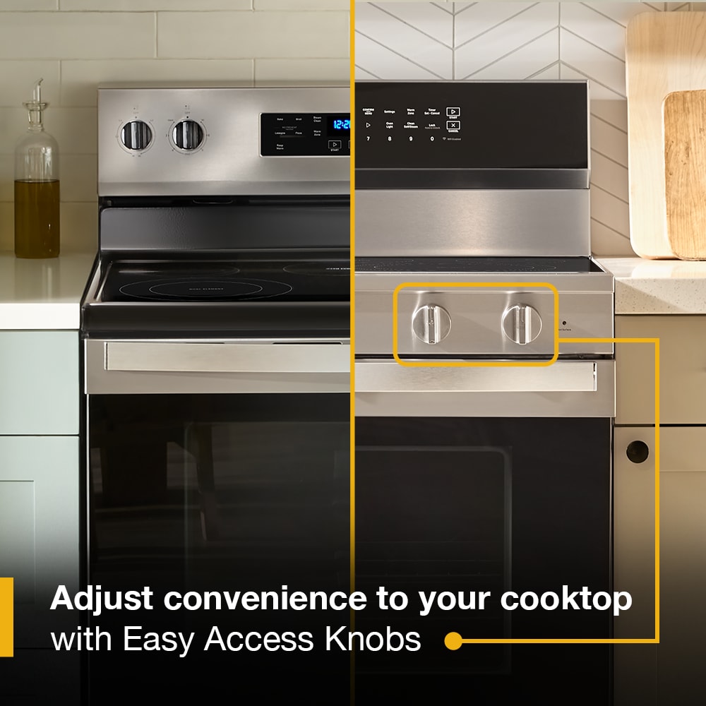 Estufa eléctrica de piso Whirlpool de 30 pulgadas con 5 quemadores de vidrio y horno de convección con freidora de aire de alta velocidad y precalentamiento rápido de 5.3 pies cúbicos con recubrimiento WipeClean (acero inoxidable) WFES7530RZ