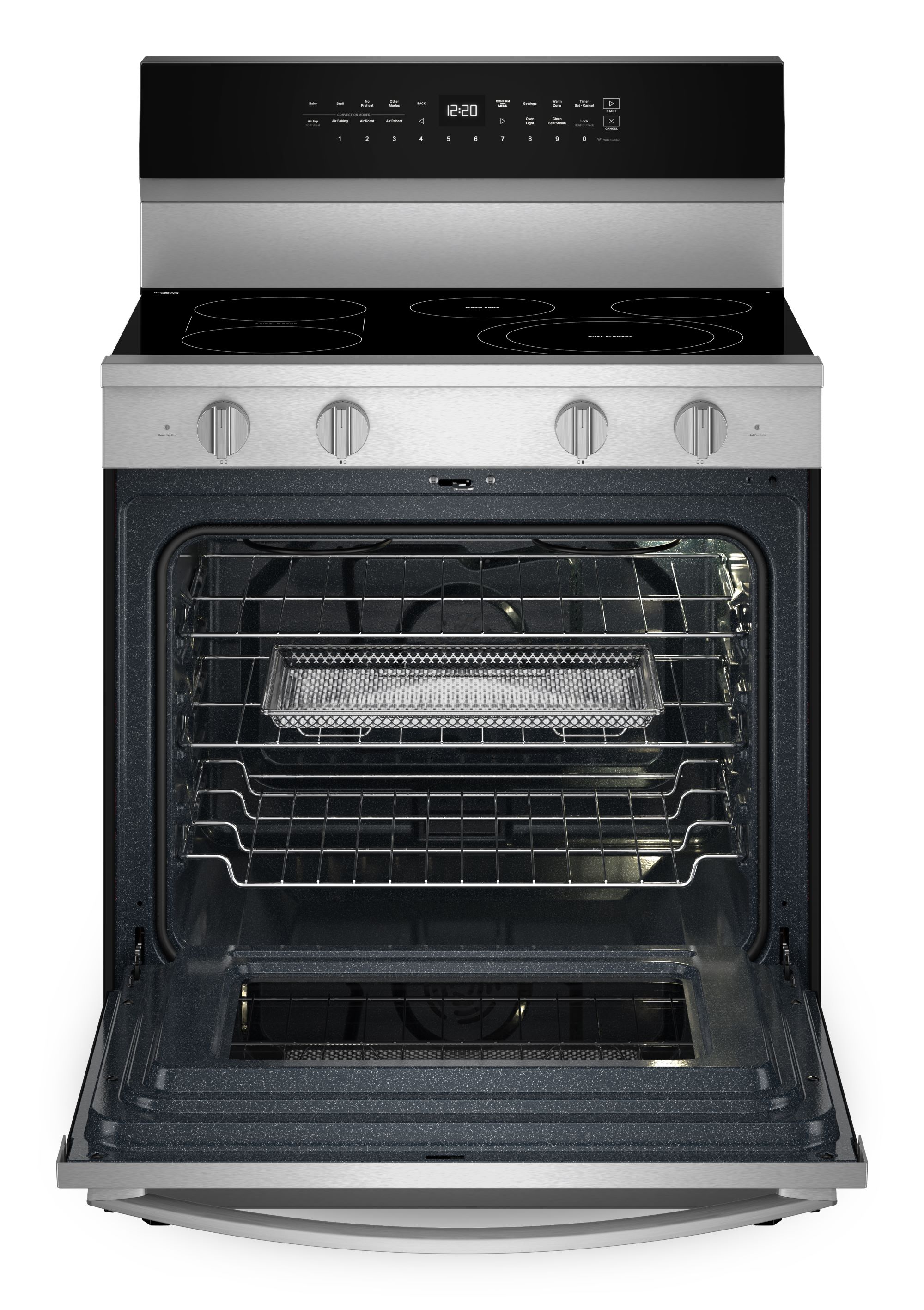 Estufa eléctrica de piso Whirlpool de 30 pulgadas con 5 quemadores de vidrio y horno de convección con freidora de aire de alta velocidad y precalentamiento rápido de 5.3 pies cúbicos con recubrimiento WipeClean (acero inoxidable) WFES7530RZ