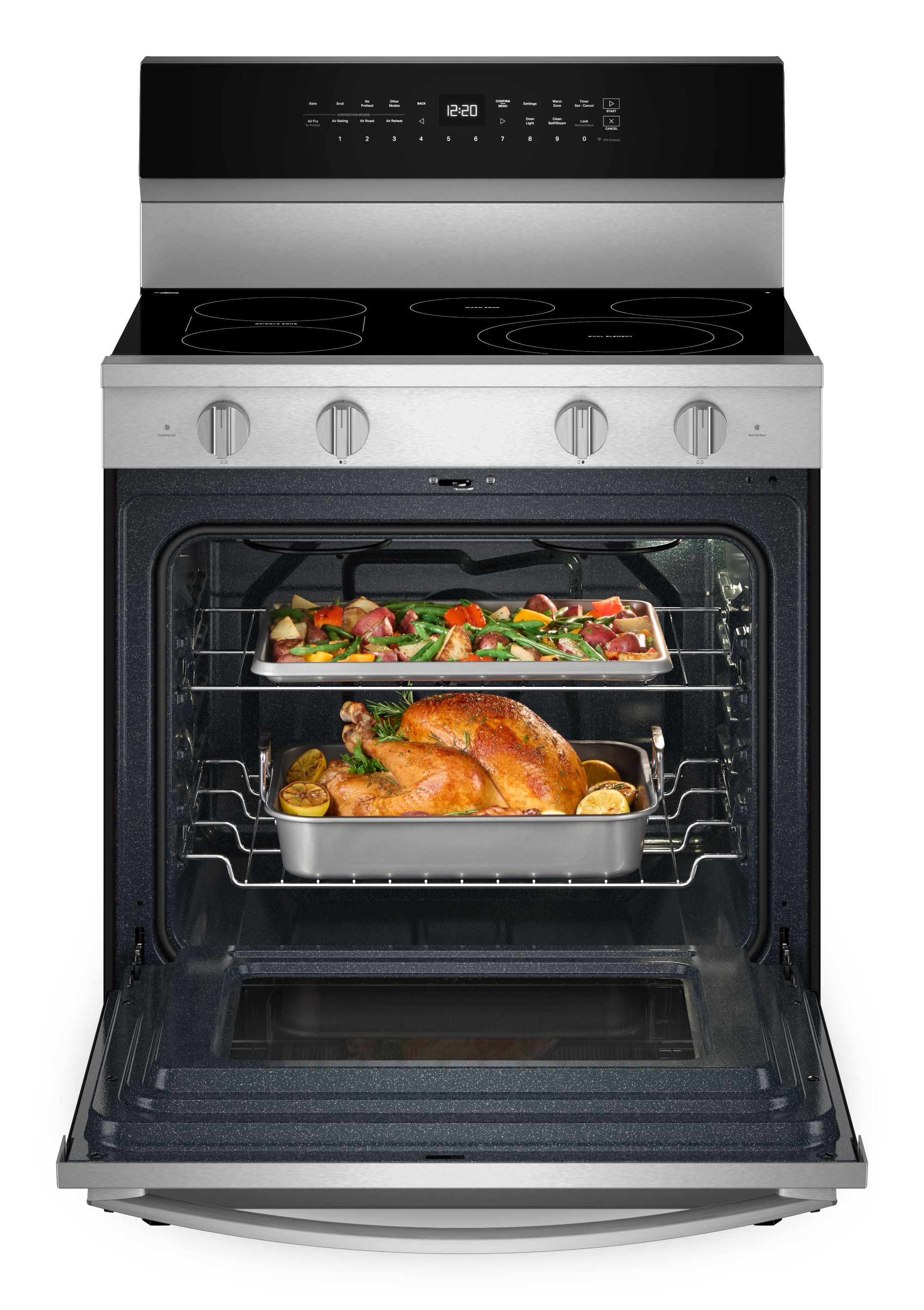 Estufa eléctrica de piso Whirlpool de 30 pulgadas con 5 quemadores de vidrio y horno de convección con freidora de aire de alta velocidad y precalentamiento rápido de 5.3 pies cúbicos con recubrimiento WipeClean (acero inoxidable) WFES7530RZ