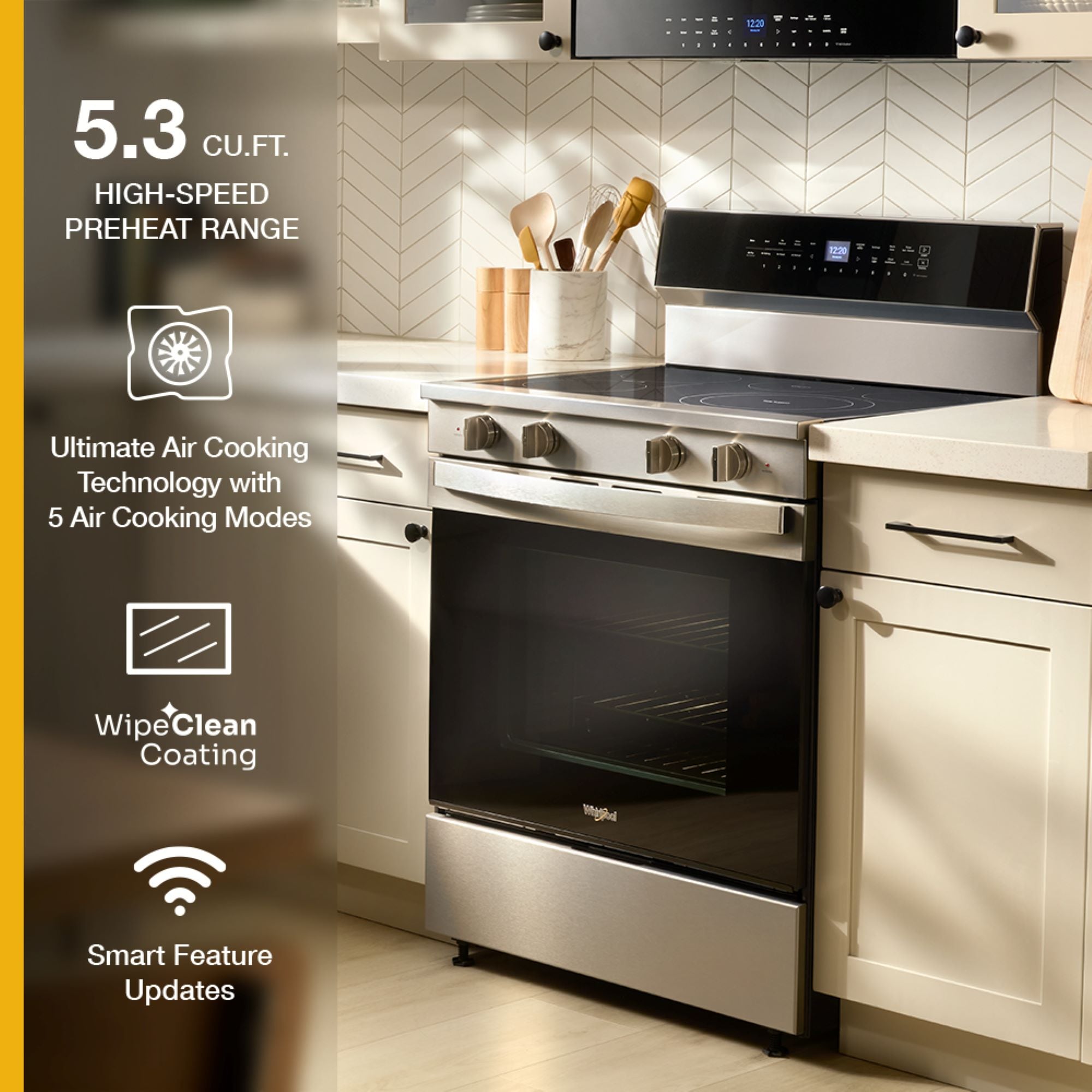 Estufa eléctrica de piso Whirlpool de 30 pulgadas con 5 quemadores de vidrio y horno de convección con freidora de aire de alta velocidad y precalentamiento rápido de 5.3 pies cúbicos con recubrimiento WipeClean (acero inoxidable) WFES7530RZ
