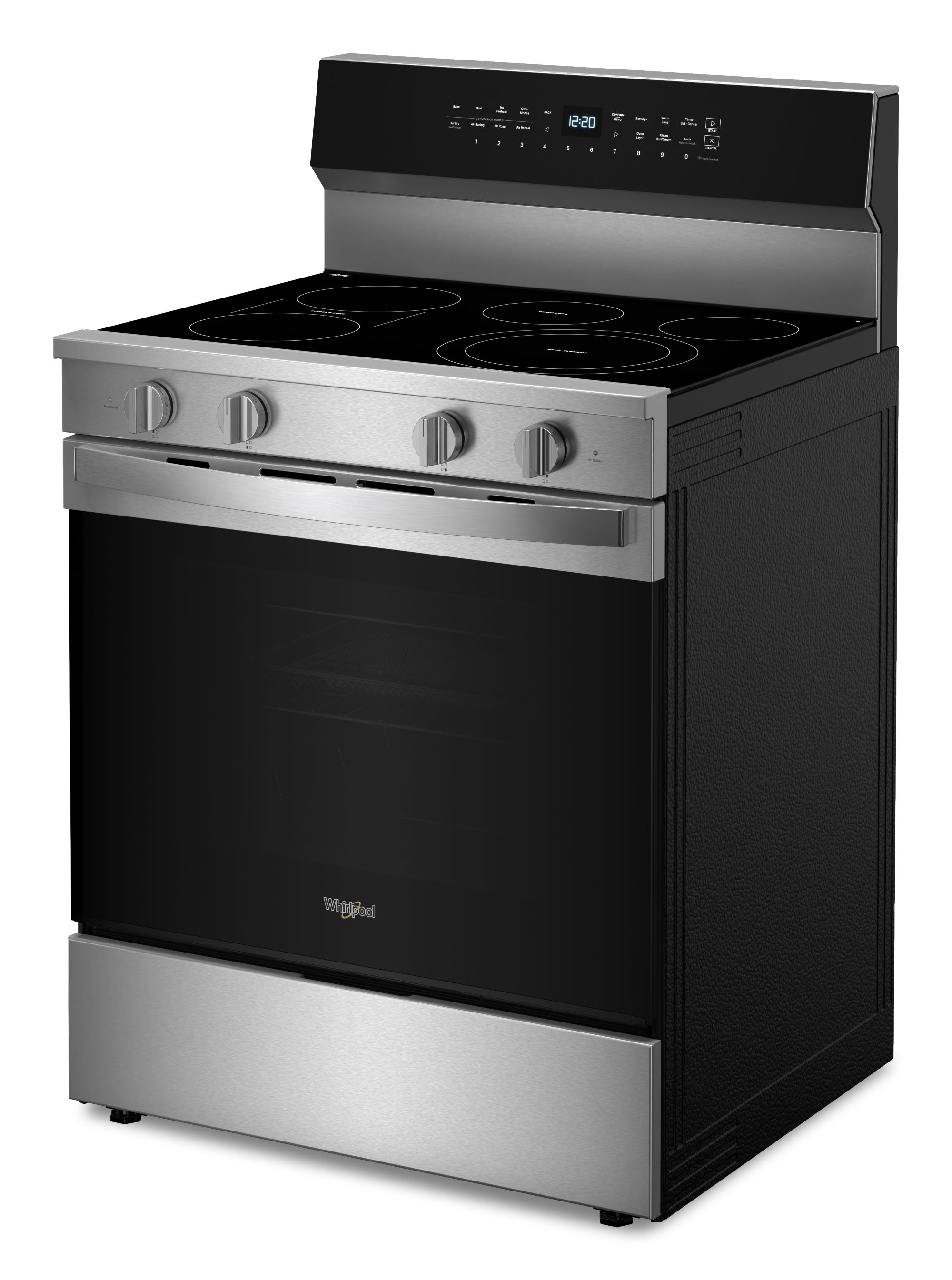 Estufa eléctrica de piso Whirlpool de 30 pulgadas con 5 quemadores de vidrio y horno de convección con freidora de aire de alta velocidad y precalentamiento rápido de 5.3 pies cúbicos con recubrimiento WipeClean (acero inoxidable) WFES7530RZ